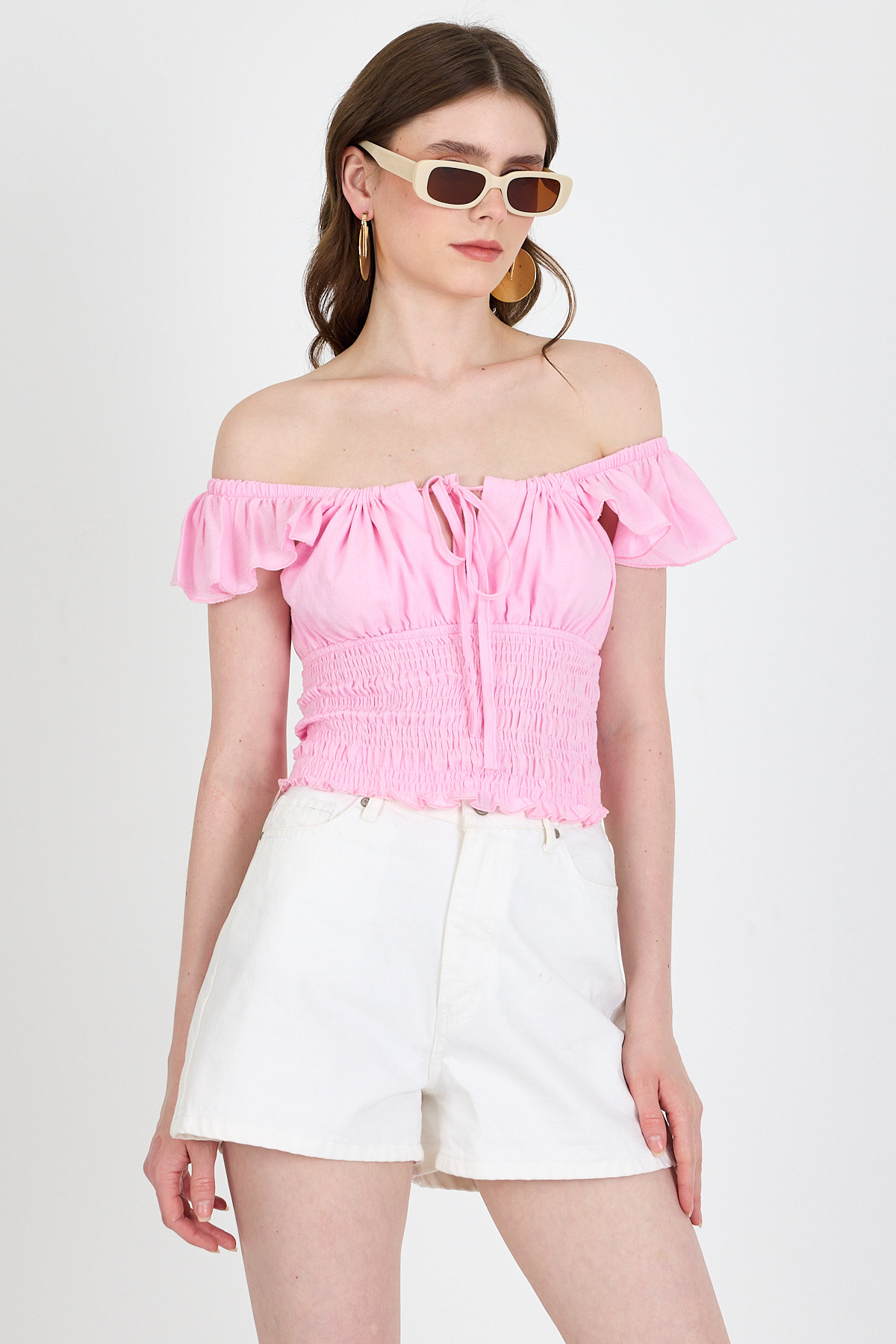 Pembe Keten Görünümlü %100 Pamuk Büzgülü Fırfır Kol Detaylı Crop Bluz 6892 - RAYS