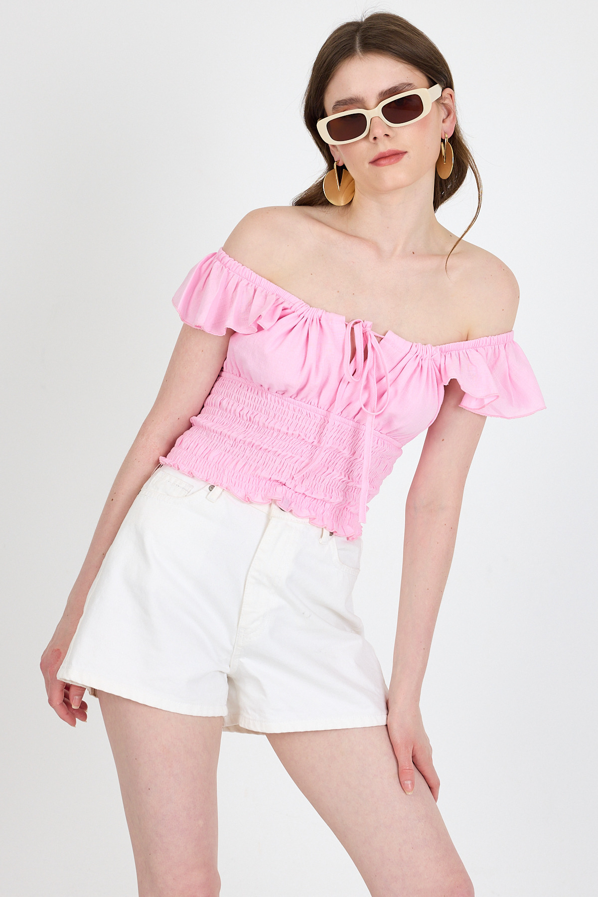 Pembe Keten Görünümlü %100 Pamuk Büzgülü Fırfır Kol Detaylı Crop Bluz 6892 - 6