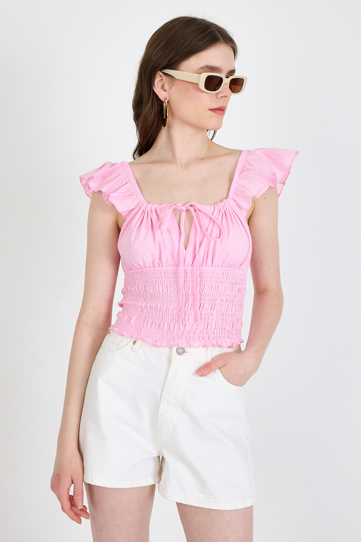 Pembe Keten Görünümlü %100 Pamuk Büzgülü Fırfır Kol Detaylı Crop Bluz 6892 - 3