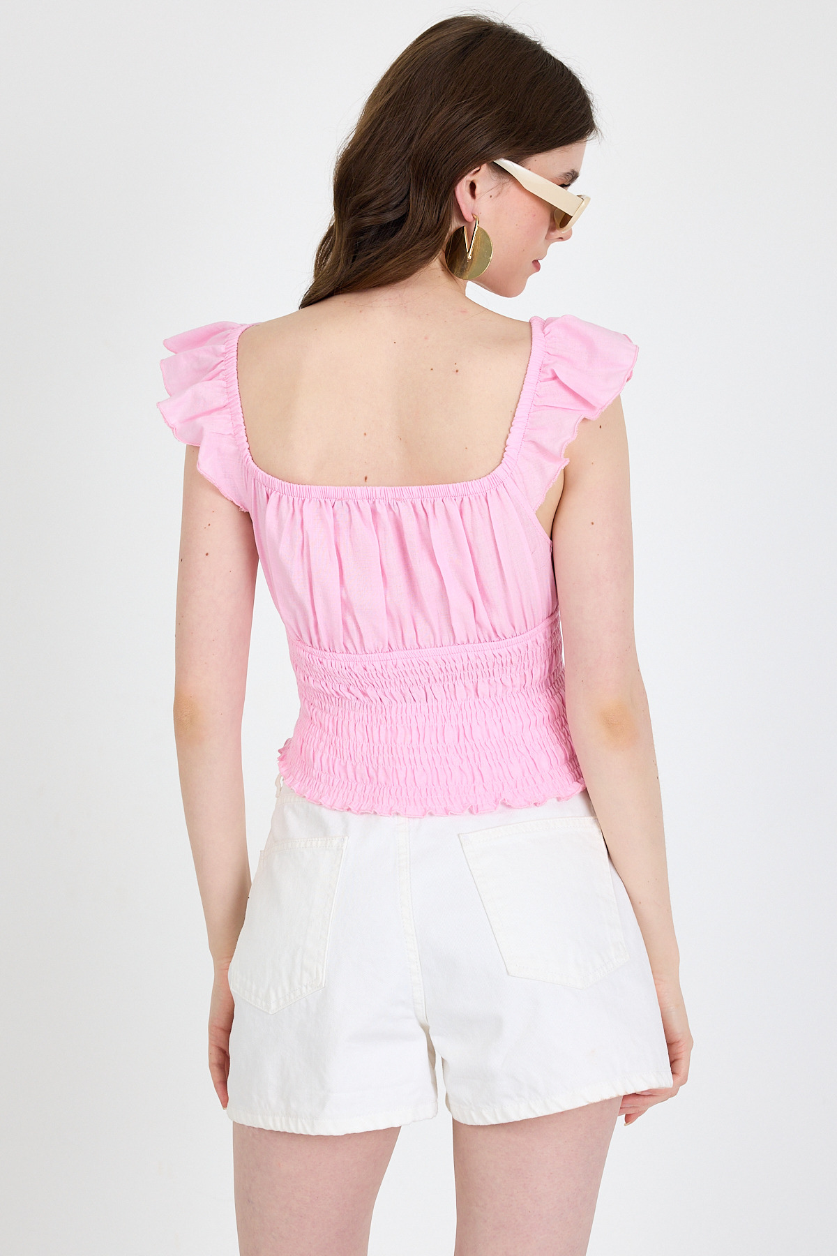 Pembe Keten Görünümlü %100 Pamuk Büzgülü Fırfır Kol Detaylı Crop Bluz 6892 - 5