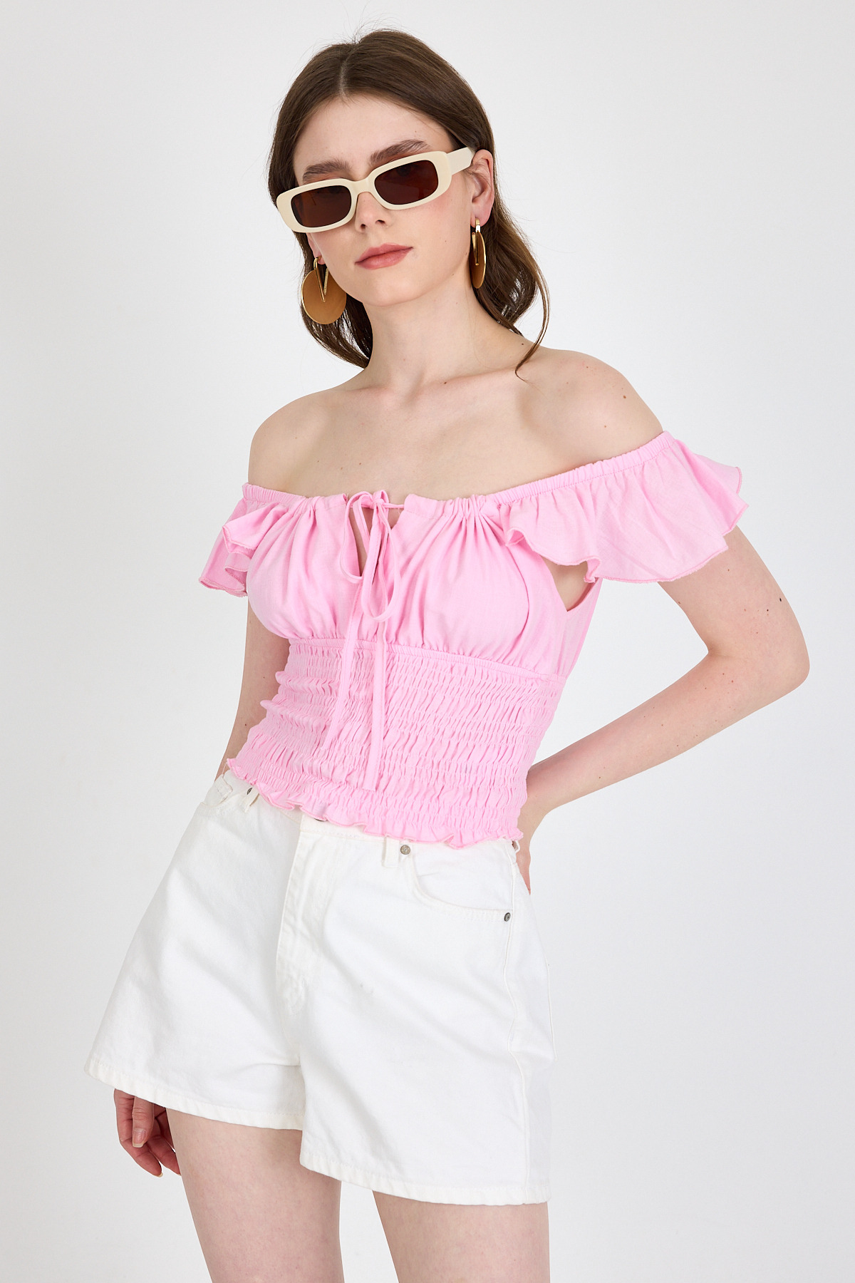 Pembe Keten Görünümlü %100 Pamuk Büzgülü Fırfır Kol Detaylı Crop Bluz 6892 - 7