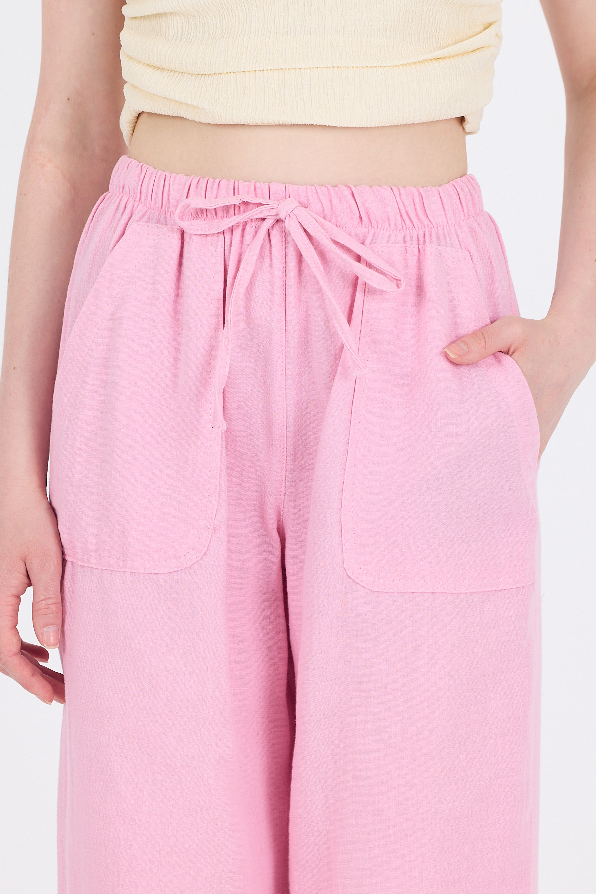Pembe Keten Görünümlü %100 Pamuk Cepli Bol Paça Pantolon 8054A - 4