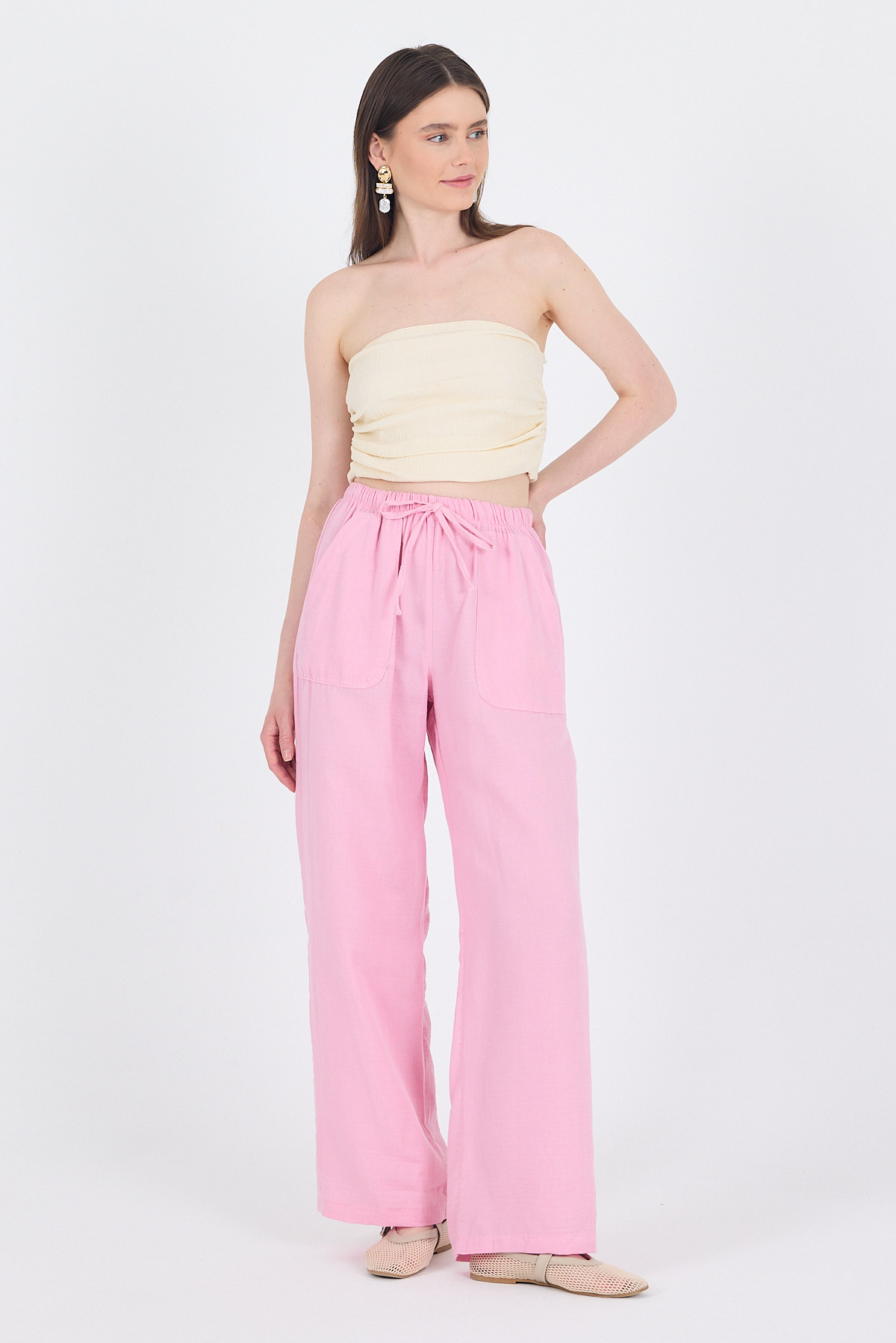 Pembe Keten Görünümlü %100 Pamuk Cepli Bol Paça Pantolon 8054A - 7