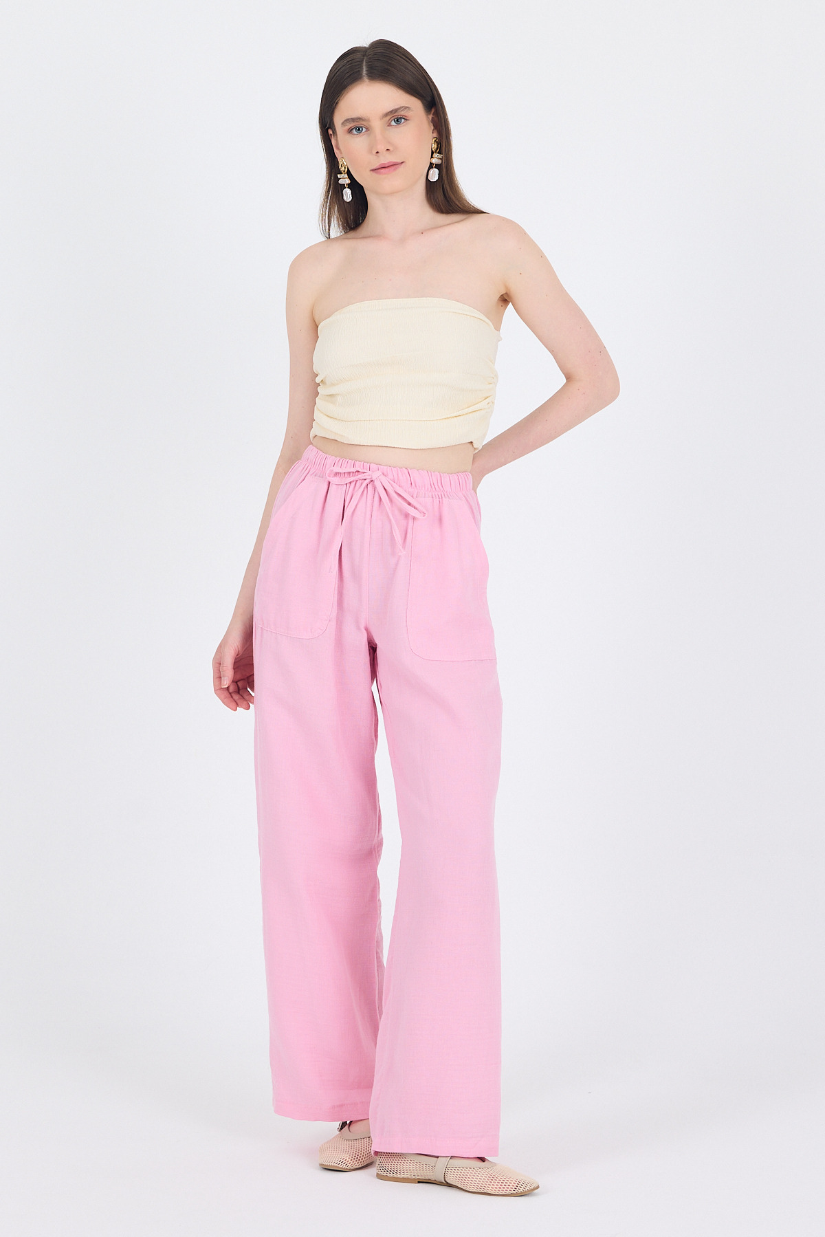 Pembe Keten Görünümlü %100 Pamuk Cepli Bol Paça Pantolon 8054A - 1