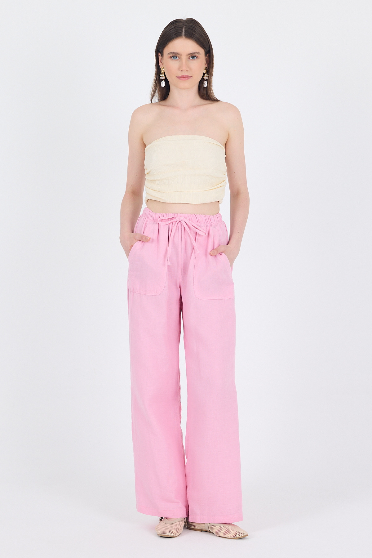 Pembe Keten Görünümlü %100 Pamuk Cepli Bol Paça Pantolon 8054A - 2