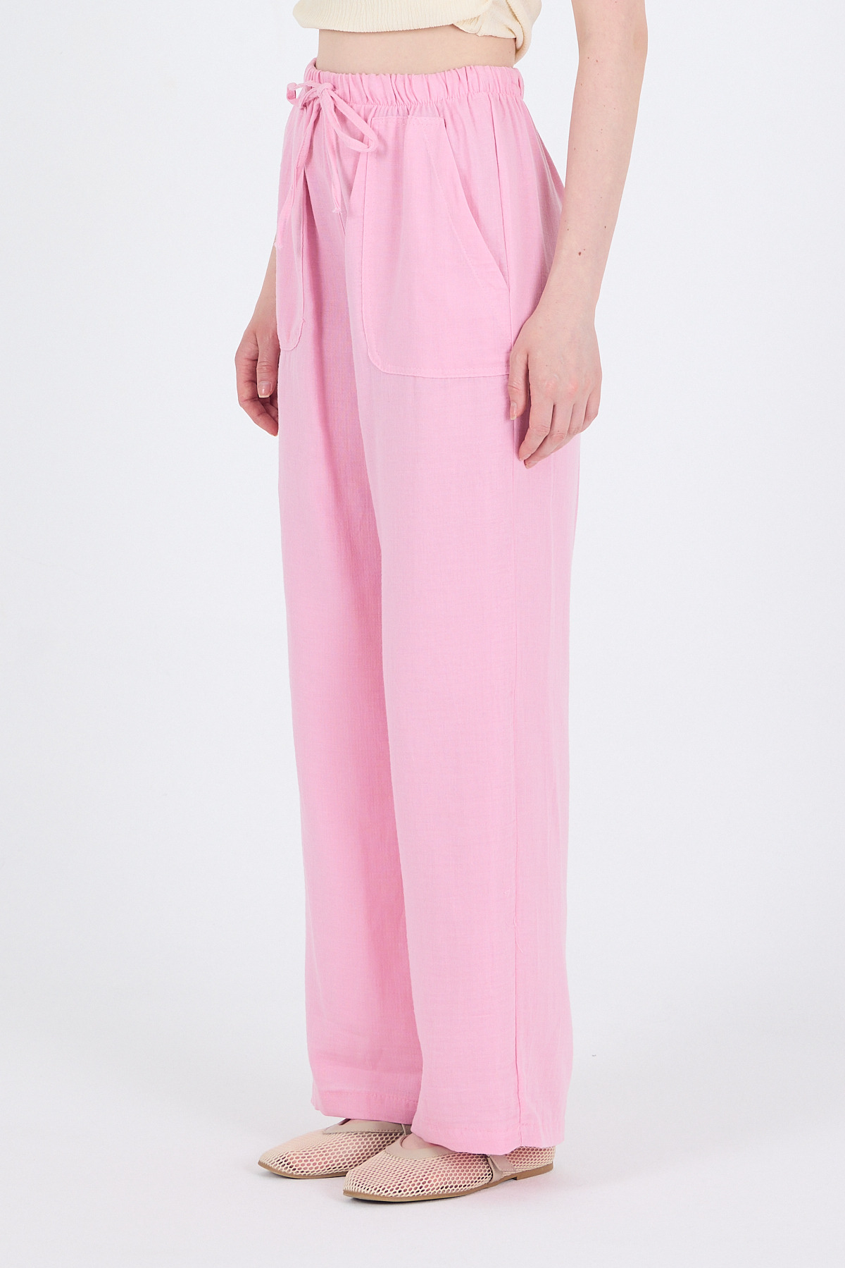 Pembe Keten Görünümlü %100 Pamuk Cepli Bol Paça Pantolon 8054A - 5