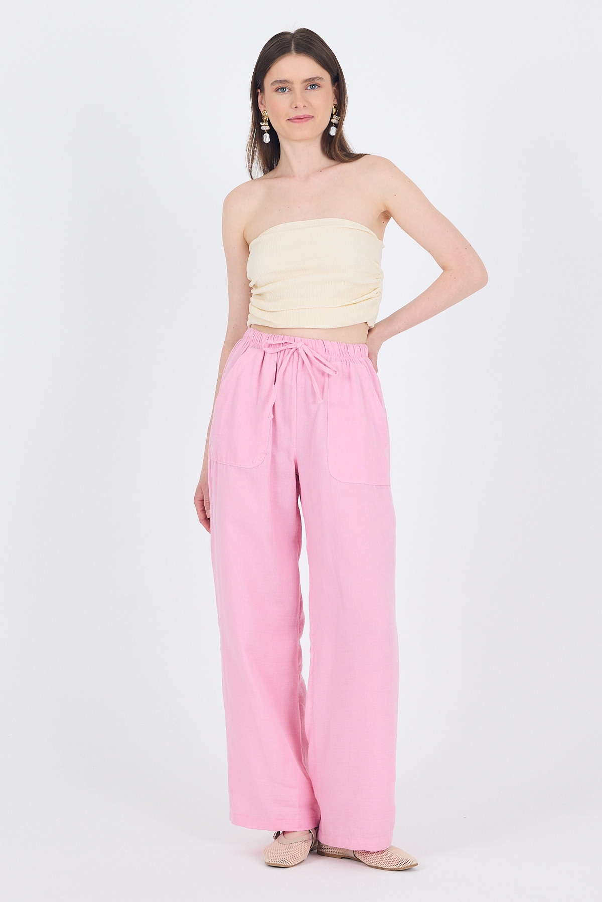 Pembe Keten Görünümlü %100 Pamuk Cepli Bol Paça Pantolon 8054A - 3