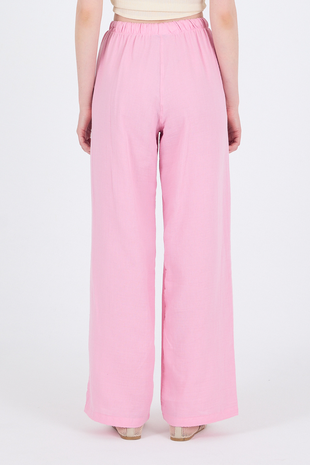 Pembe Keten Görünümlü %100 Pamuk Cepli Bol Paça Pantolon 8054A - 6