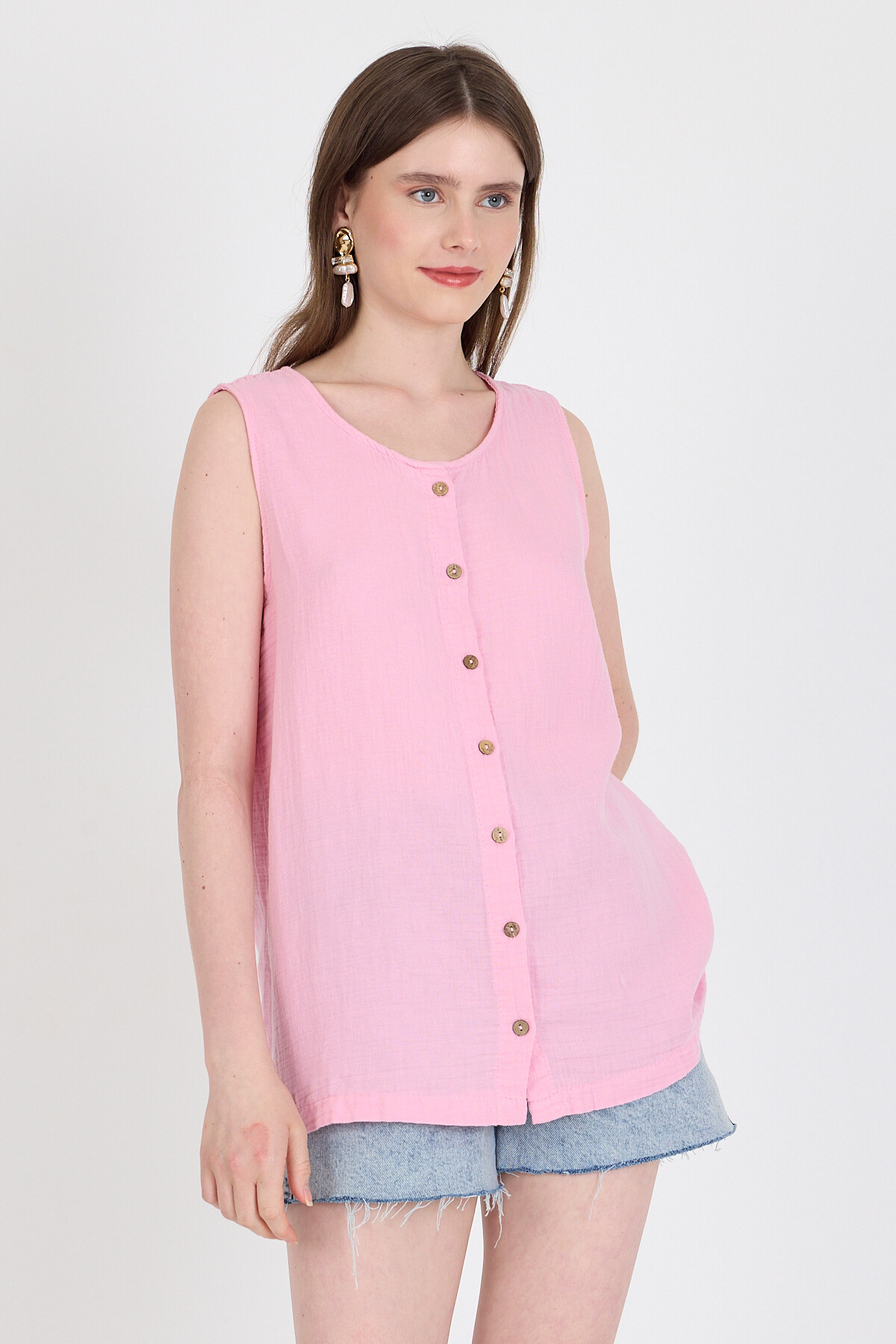 Pembe Keten Görünümlü %100 Pamuk Düğmeli Kolsuz Bluz 4808A - 2