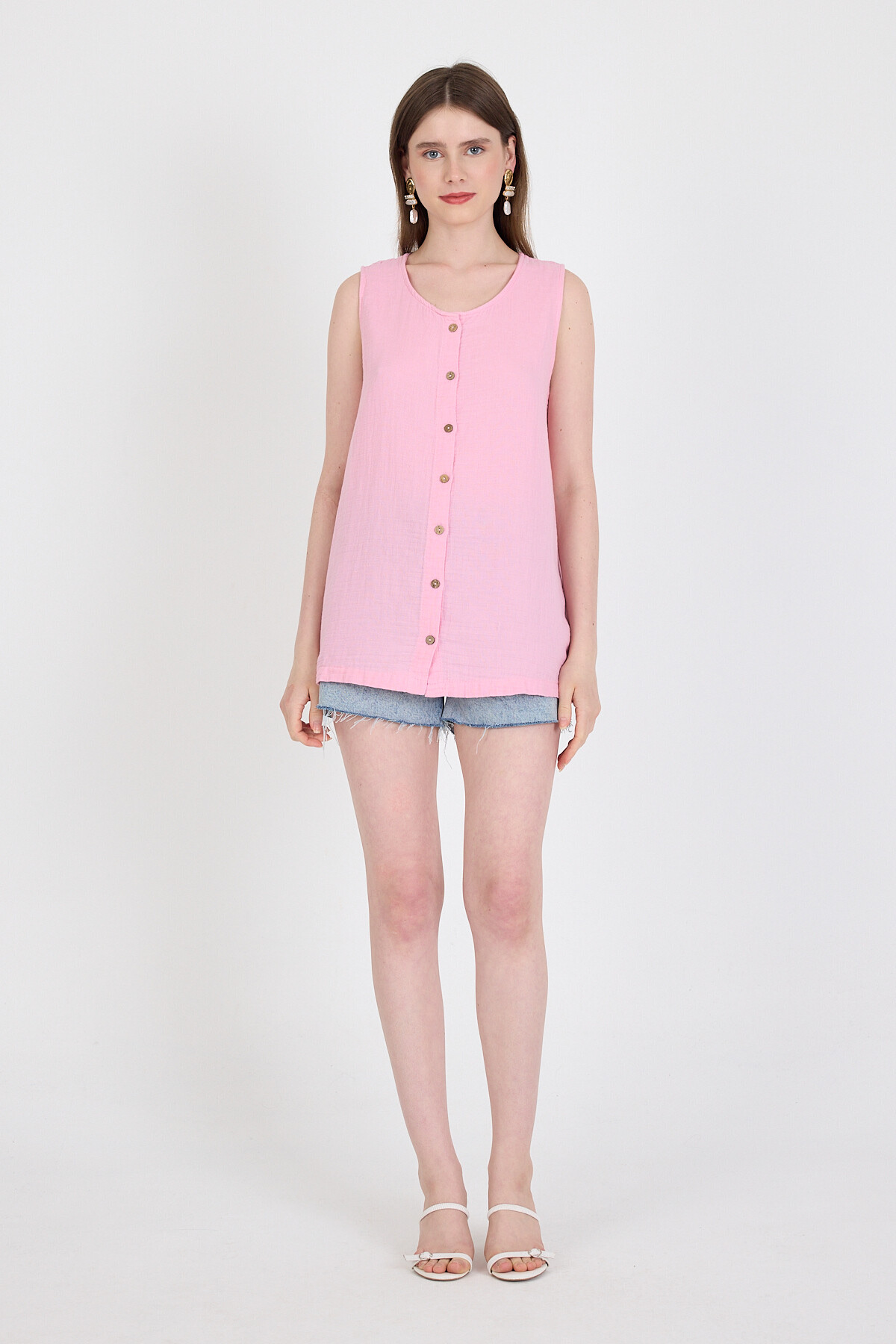 Pembe Keten Görünümlü %100 Pamuk Düğmeli Kolsuz Bluz 4808A - 3