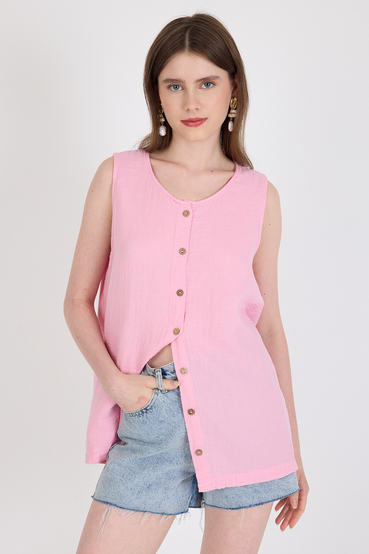 Pembe Keten Görünümlü %100 Pamuk Düğmeli Kolsuz Bluz 4808A - 1