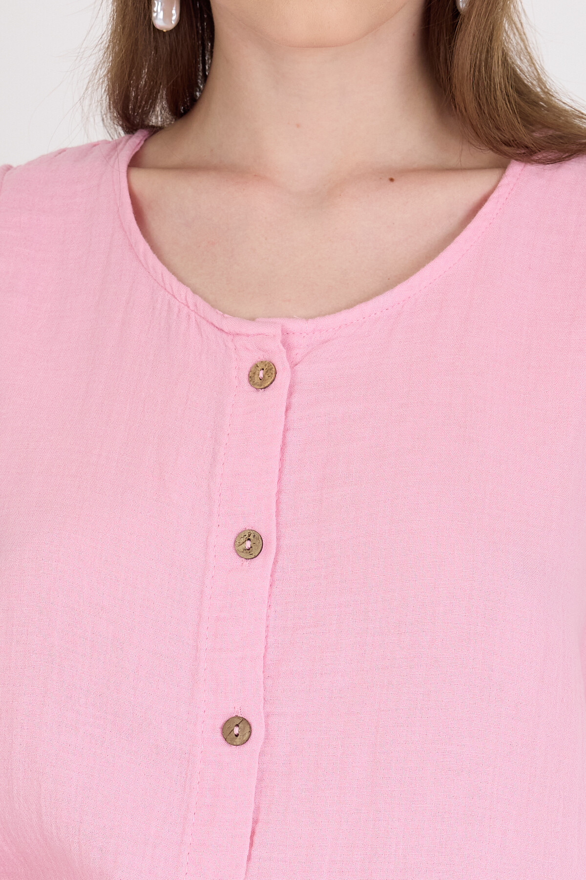 Pembe Keten Görünümlü %100 Pamuk Düğmeli Kolsuz Bluz 4808A - 4