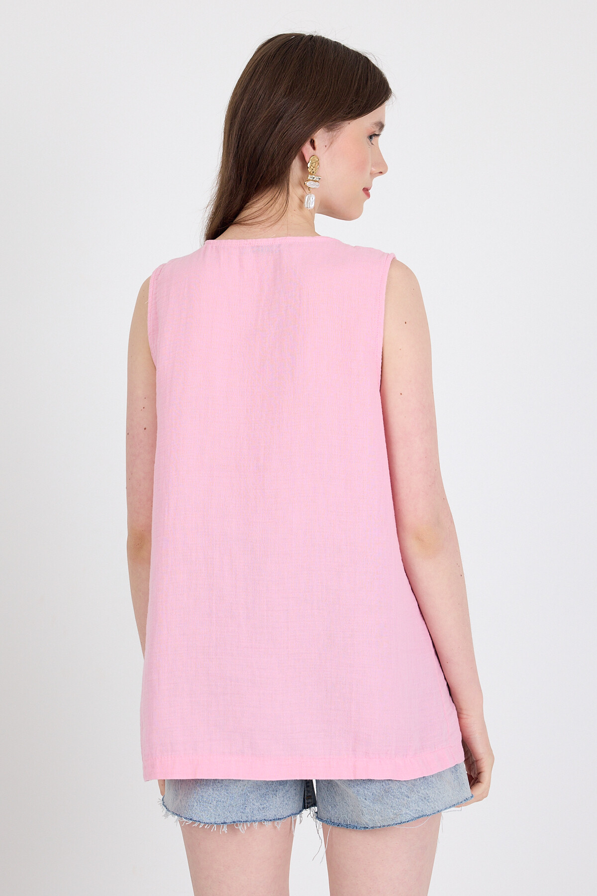 Pembe Keten Görünümlü %100 Pamuk Düğmeli Kolsuz Bluz 4808A - 5