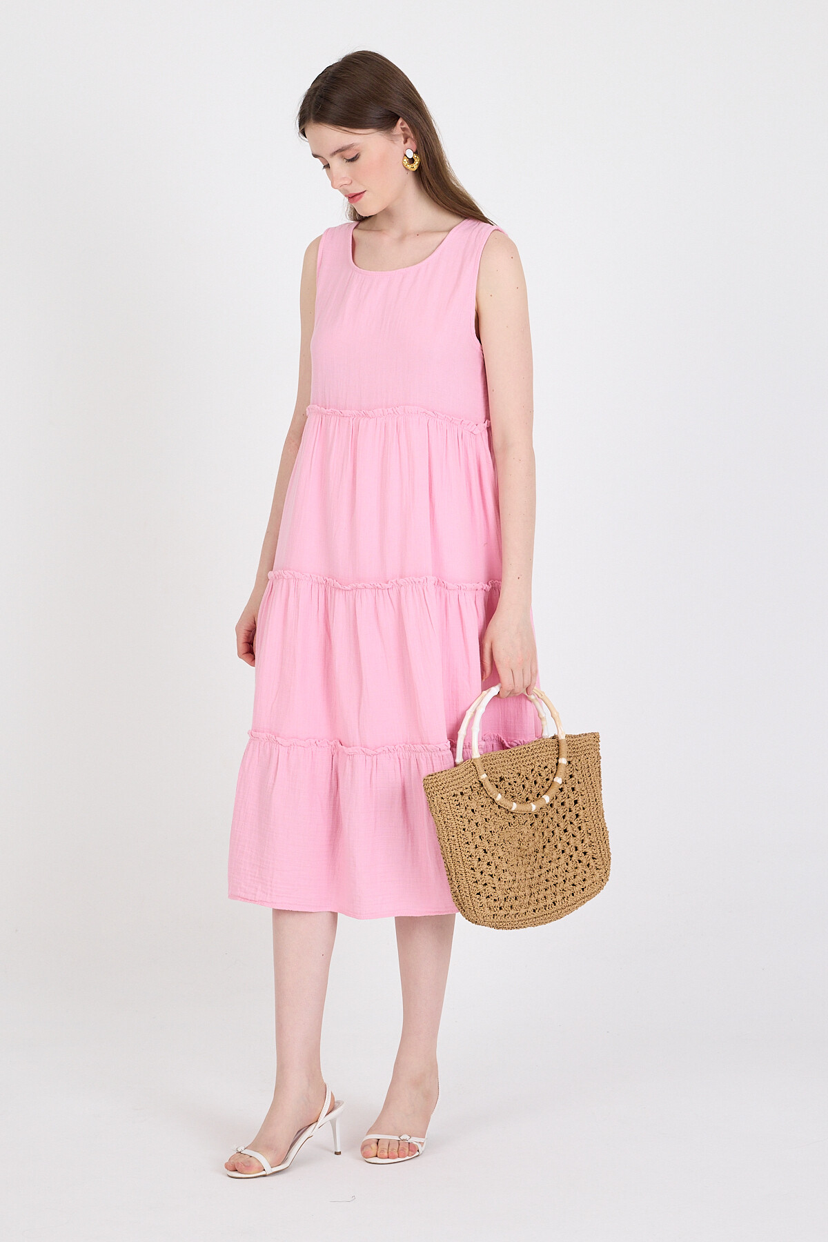Pembe Keten Görünümlü %100 Pamuk Fırfır Detaylı Kolsuz Midi Elbise 4738A - 2