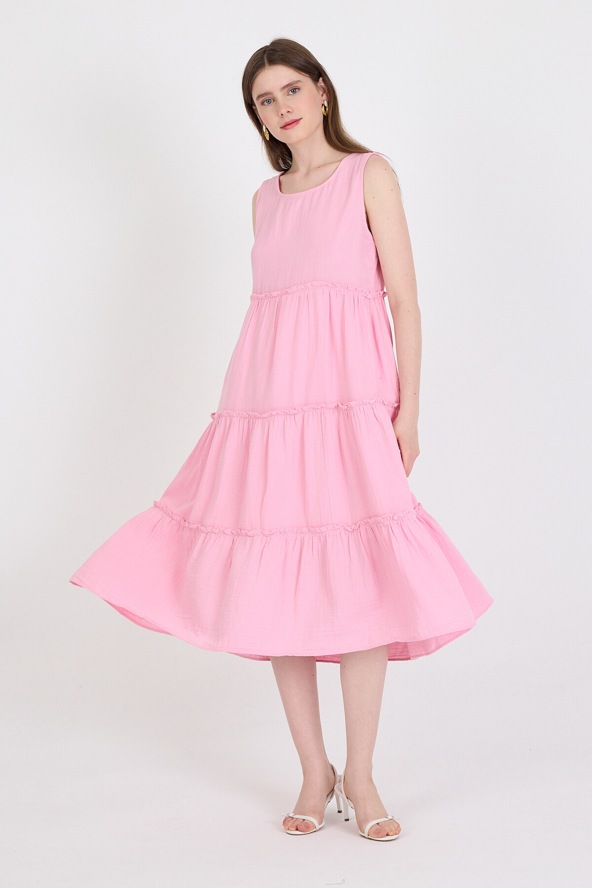 Pembe Keten Görünümlü %100 Pamuk Fırfır Detaylı Kolsuz Midi Elbise 4738A - 3