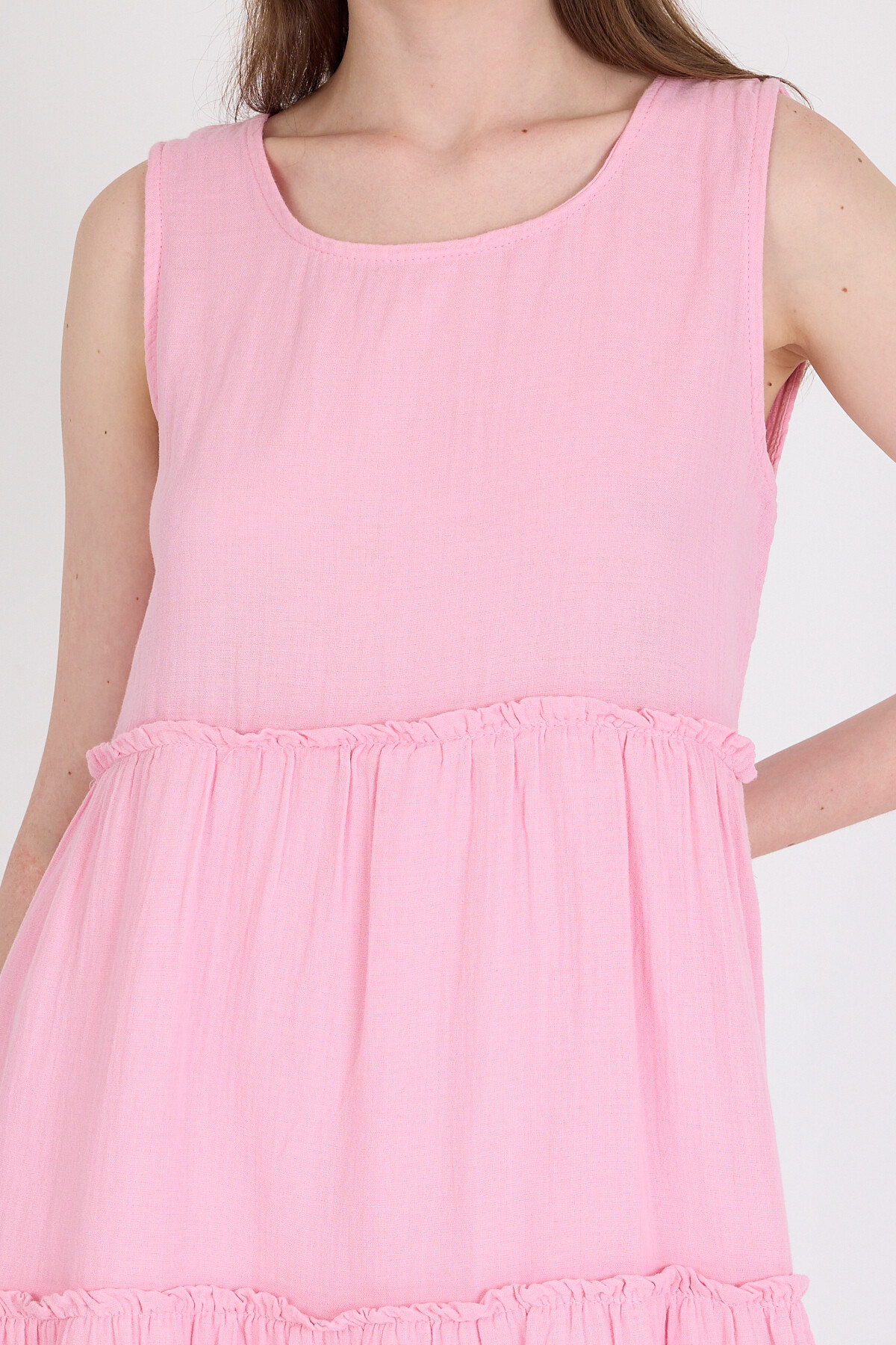 Pembe Keten Görünümlü %100 Pamuk Fırfır Detaylı Kolsuz Midi Elbise 4738A - RAYS