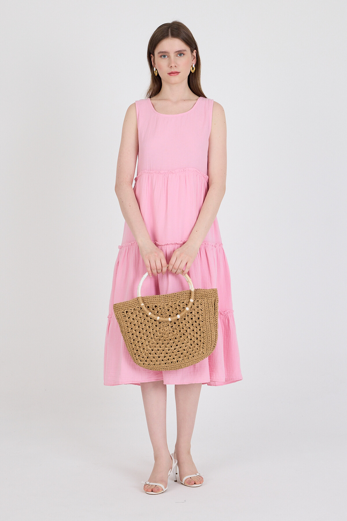 Pembe Keten Görünümlü %100 Pamuk Fırfır Detaylı Kolsuz Midi Elbise 4738A - 6