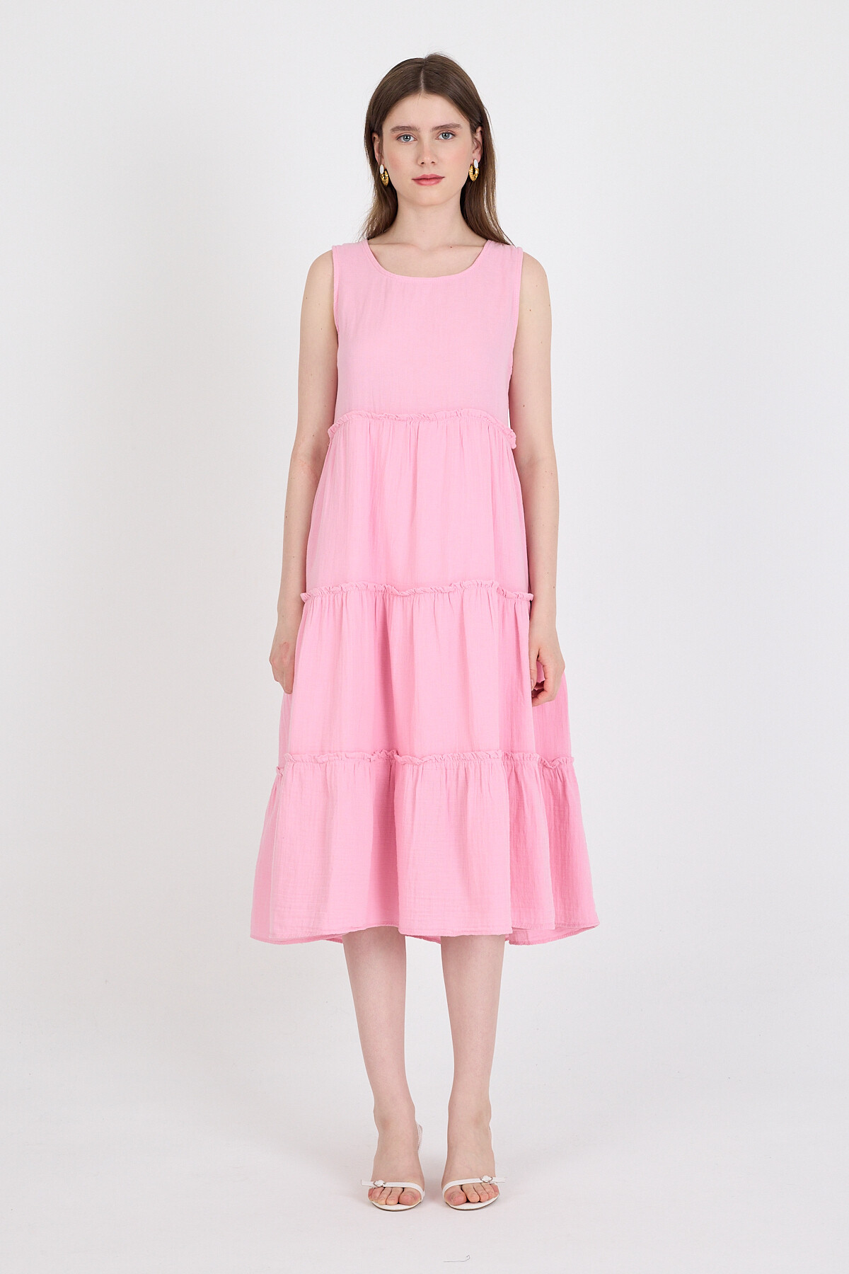 Pembe Keten Görünümlü %100 Pamuk Fırfır Detaylı Kolsuz Midi Elbise 4738A 