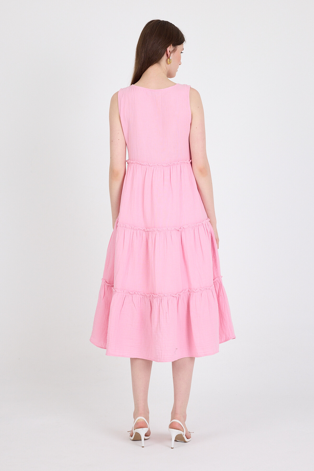 Pembe Keten Görünümlü %100 Pamuk Fırfır Detaylı Kolsuz Midi Elbise 4738A - 5
