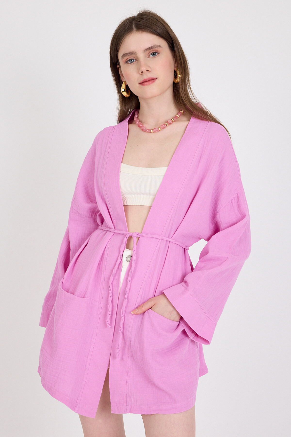 Pembe Keten Görünümlü %100 Pamuk Geniş Kollu Bağlama Detaylı Kimono 4802A - RAYS