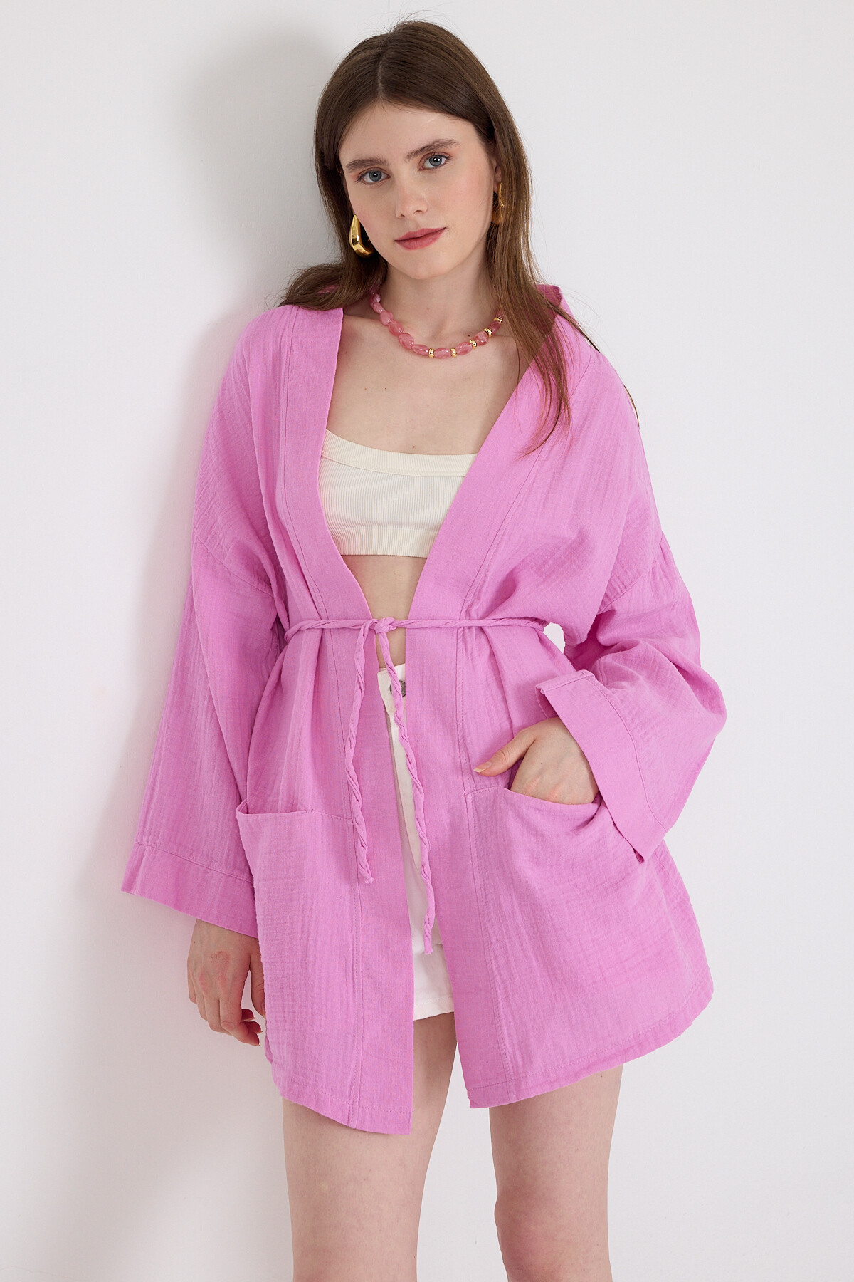 Pembe Keten Görünümlü %100 Pamuk Geniş Kollu Bağlama Detaylı Kimono 4802A - 1