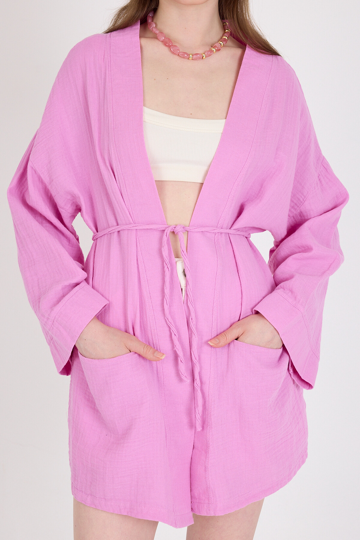Pembe Keten Görünümlü %100 Pamuk Geniş Kollu Bağlama Detaylı Kimono 4802A - 4