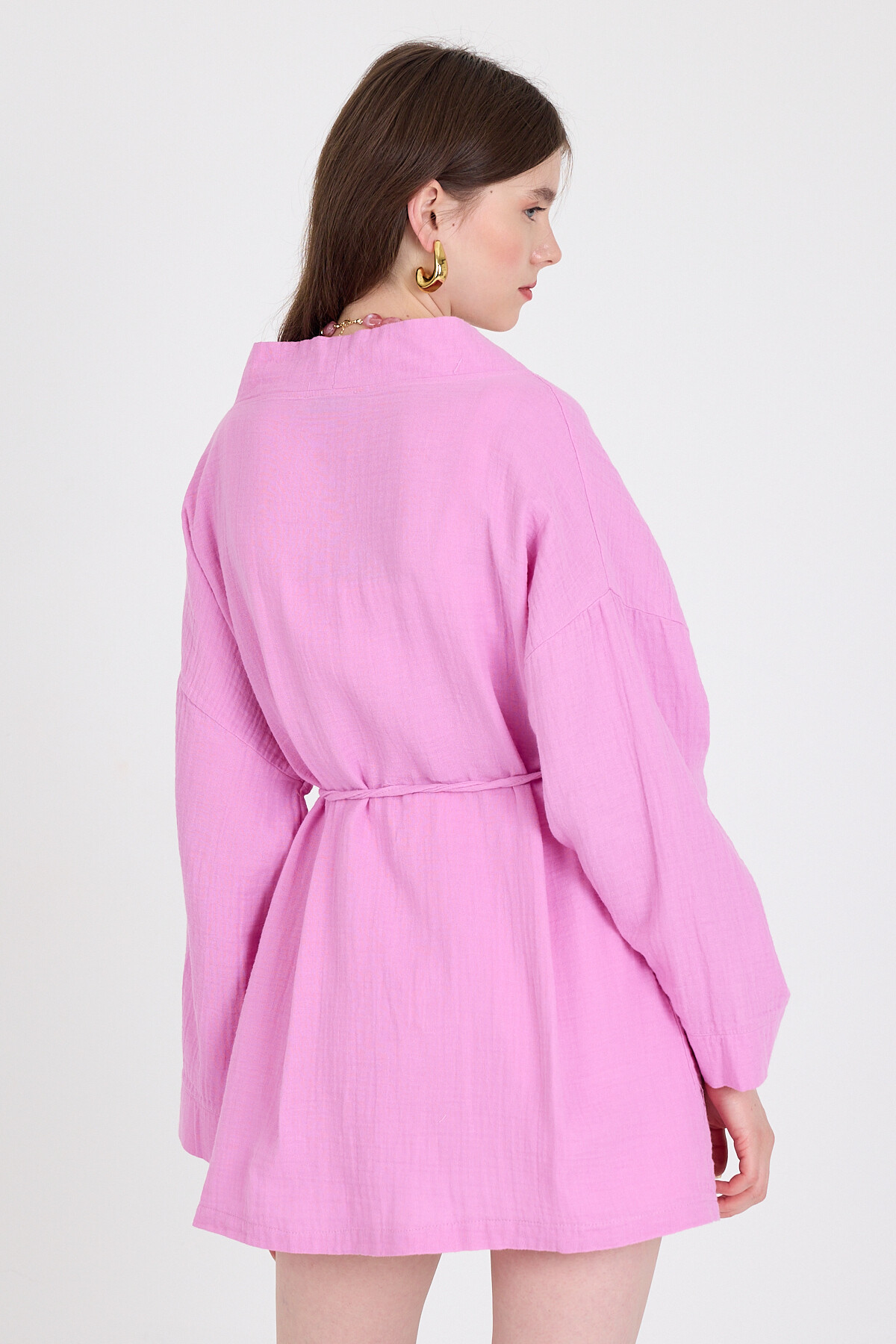 Pembe Keten Görünümlü %100 Pamuk Geniş Kollu Bağlama Detaylı Kimono 4802A - 5