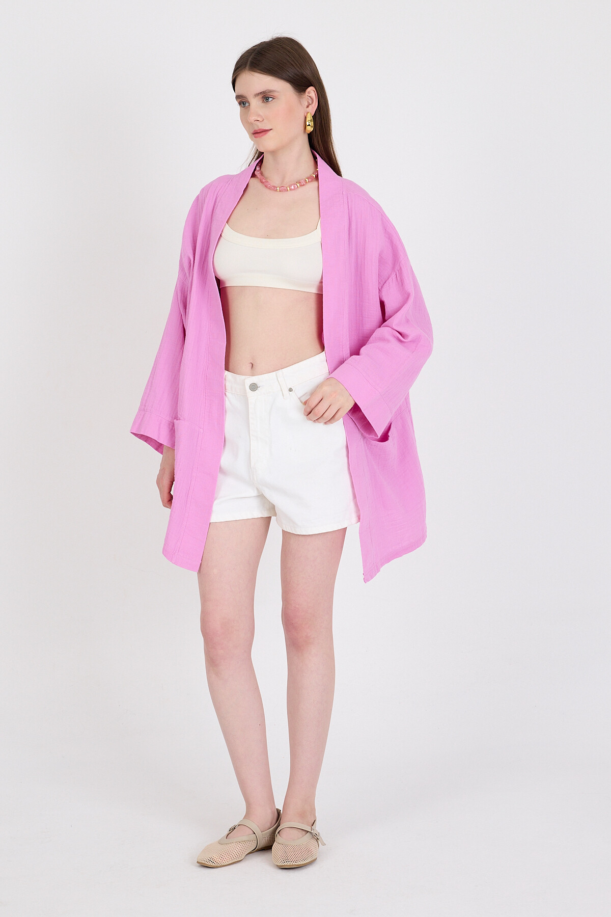 Pembe Keten Görünümlü %100 Pamuk Geniş Kollu Bağlama Detaylı Kimono 4802A - 6