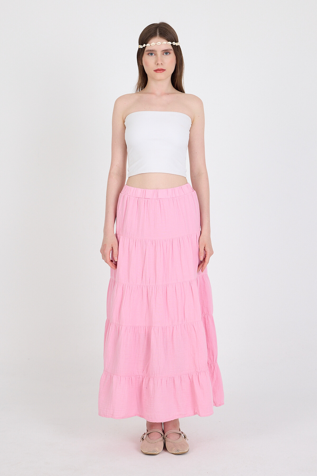 Pembe Keten Görünümlü %100 Pamuk Kat Kat Uzun Etek 4801A - RAYS