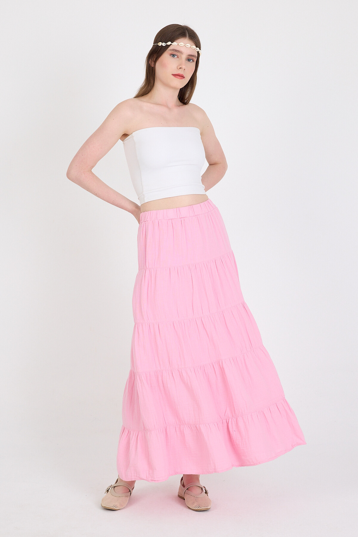 Pembe Keten Görünümlü %100 Pamuk Kat Kat Uzun Etek 4801A - RAYS