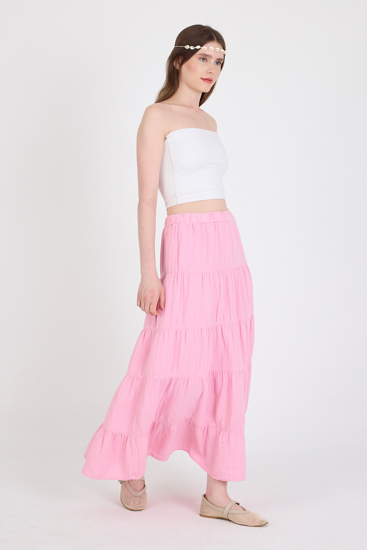Pembe Keten Görünümlü %100 Pamuk Kat Kat Uzun Etek 4801A - 6