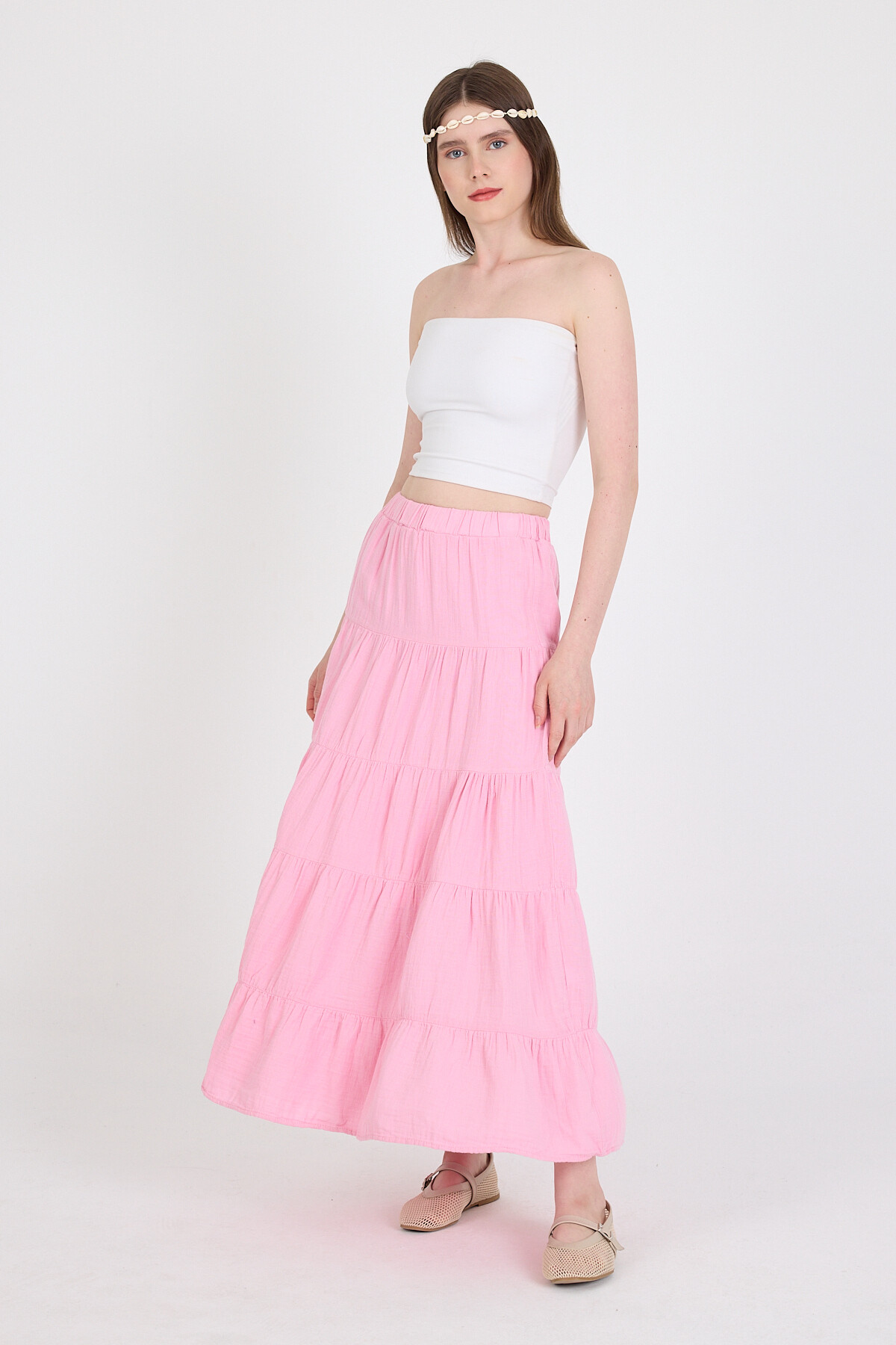 Pembe Keten Görünümlü %100 Pamuk Kat Kat Uzun Etek 4801A - RAYS