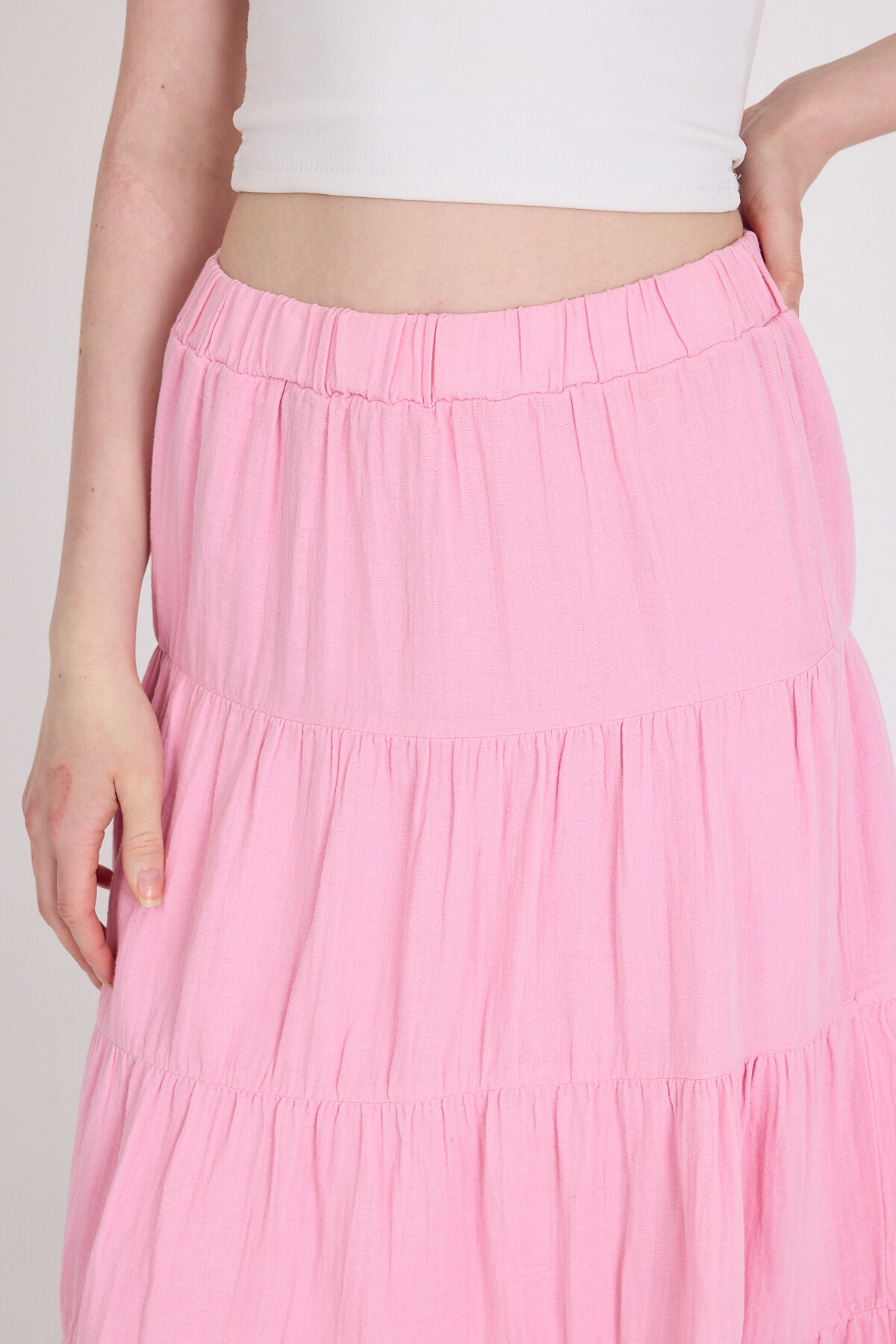 Pembe Keten Görünümlü %100 Pamuk Kat Kat Uzun Etek 4801A - 4