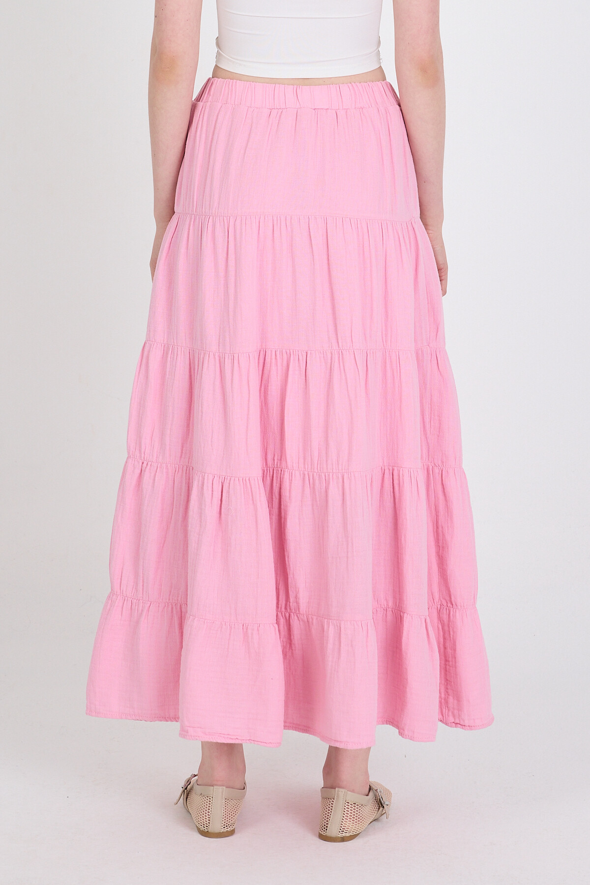 Pembe Keten Görünümlü %100 Pamuk Kat Kat Uzun Etek 4801A - 5