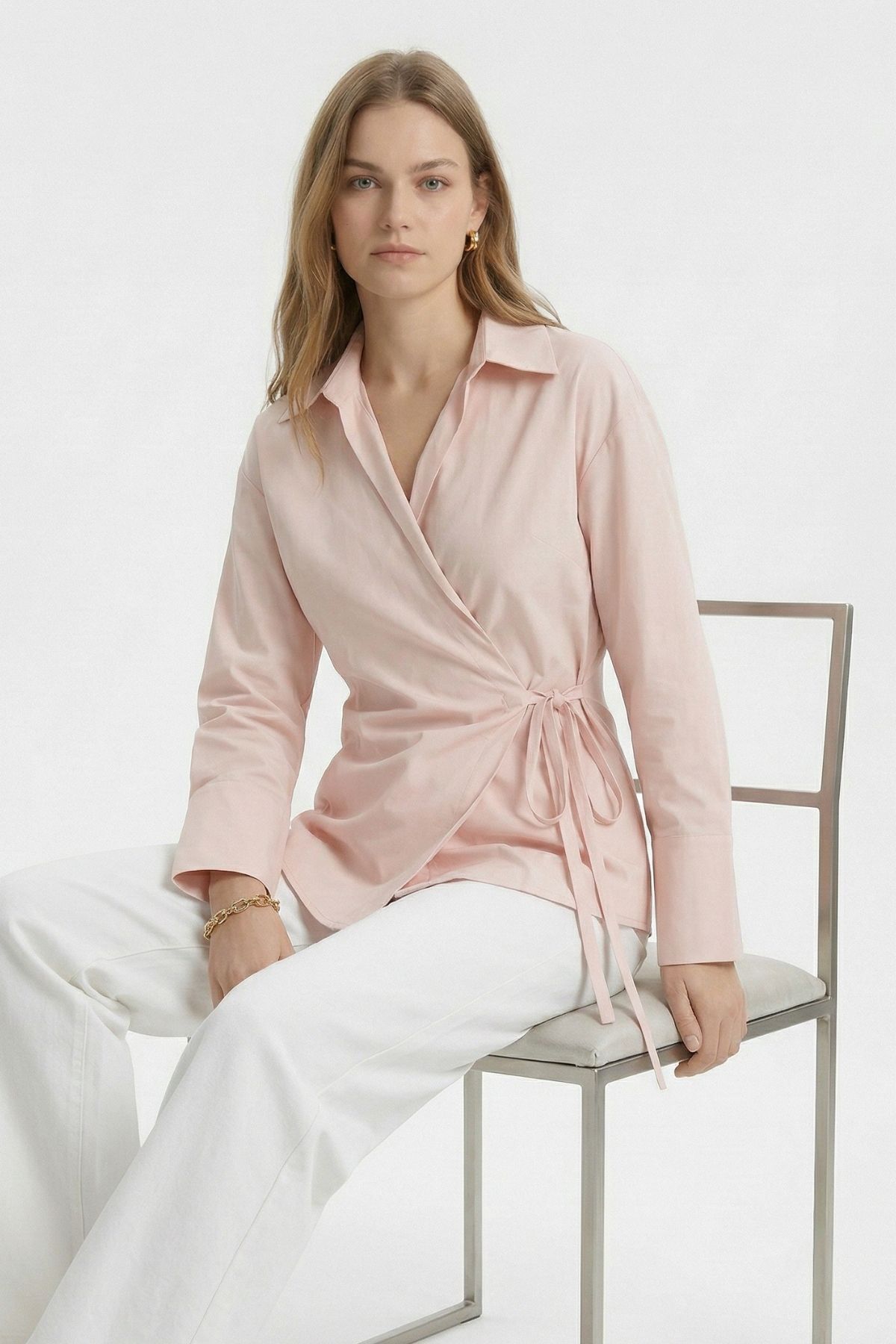 Pembe Kol Yırtmaçlı Yandan Bağlamalı Gömlek 5257 - 1