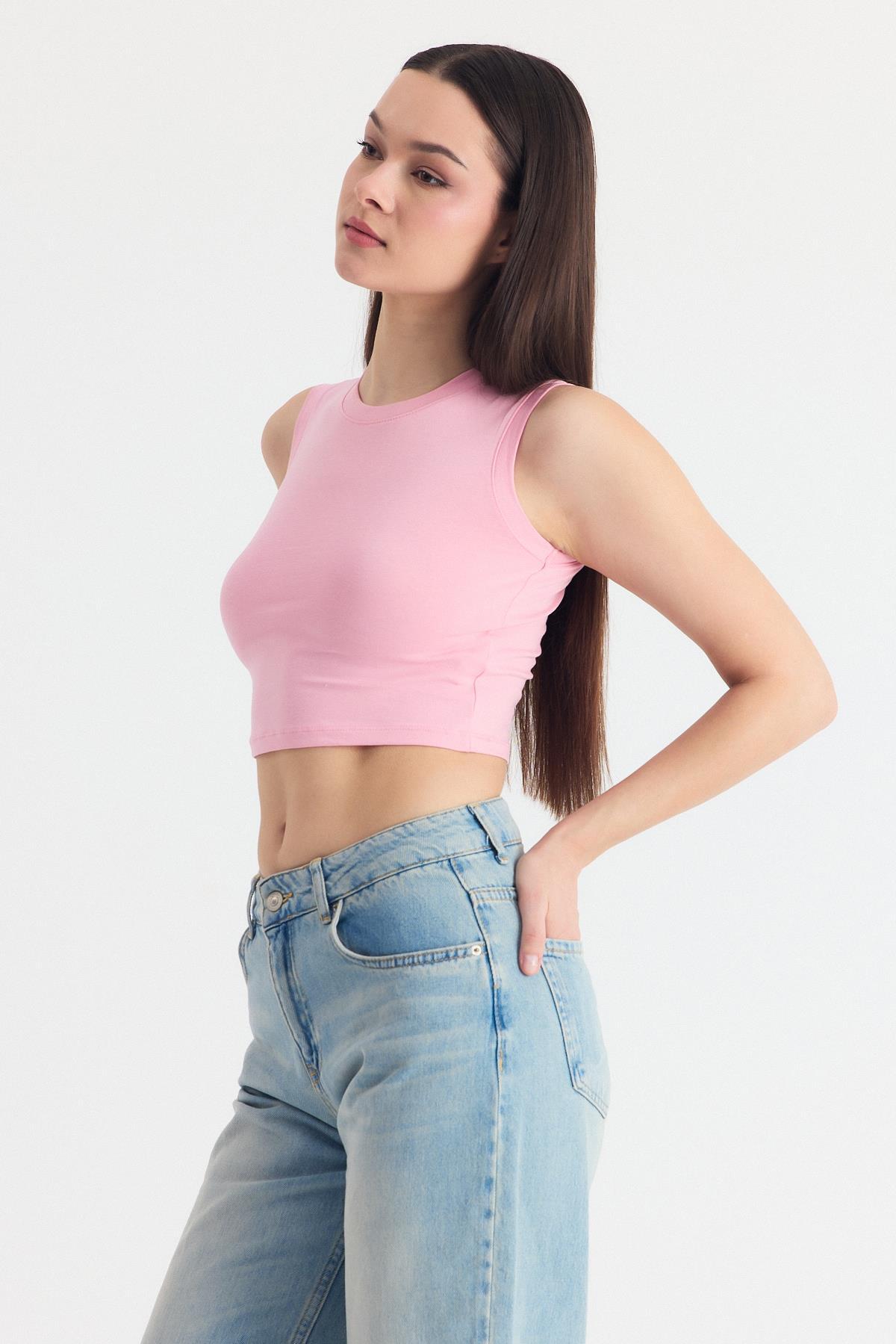 Pembe Kolsuz Bisiklet Yaka Crop Atlet 318 - 3