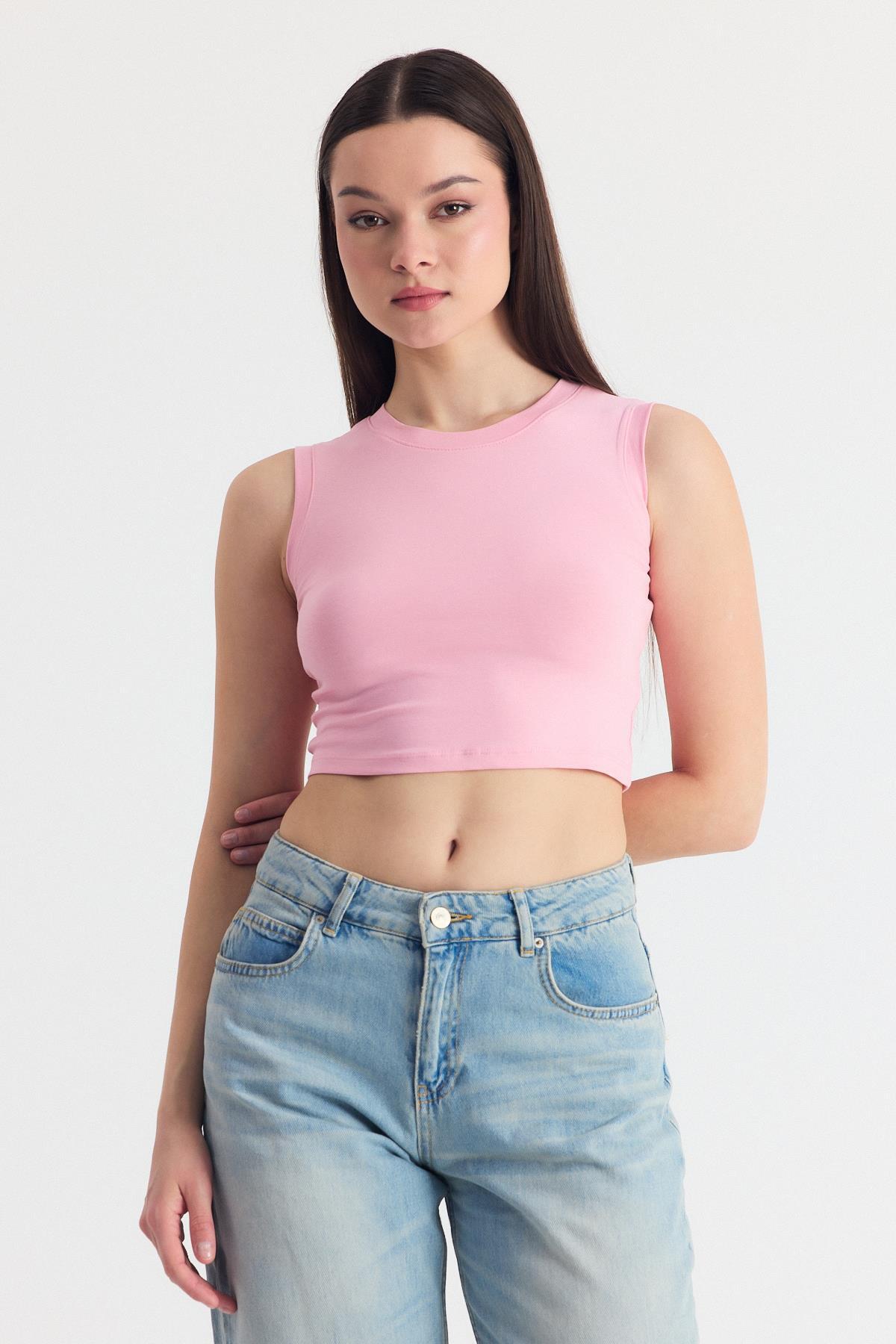 Pembe Kolsuz Bisiklet Yaka Crop Atlet 318 - 4