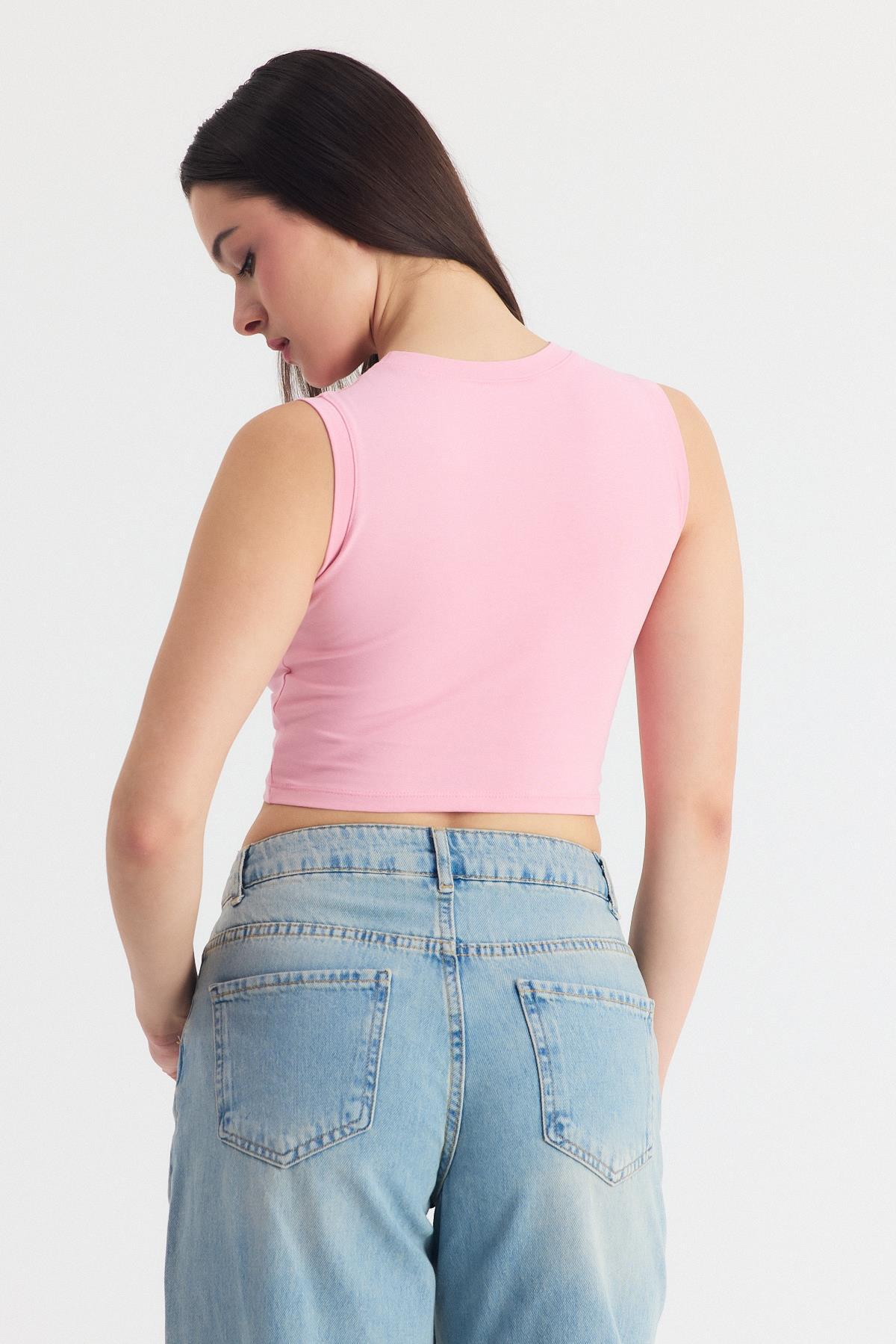 Pembe Kolsuz Bisiklet Yaka Crop Atlet 318 - 5