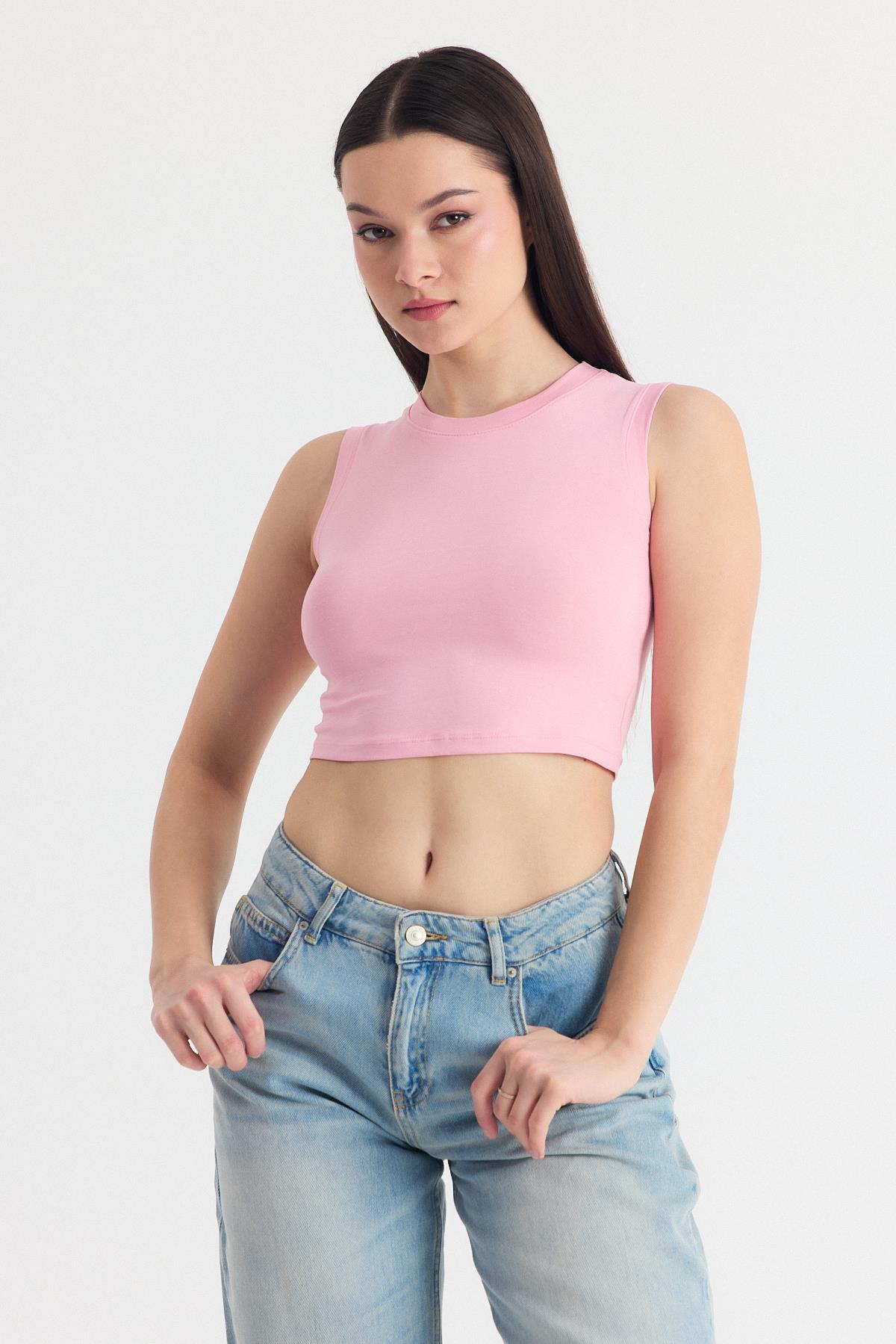 Pembe Kolsuz Bisiklet Yaka Crop Atlet 318 - 1