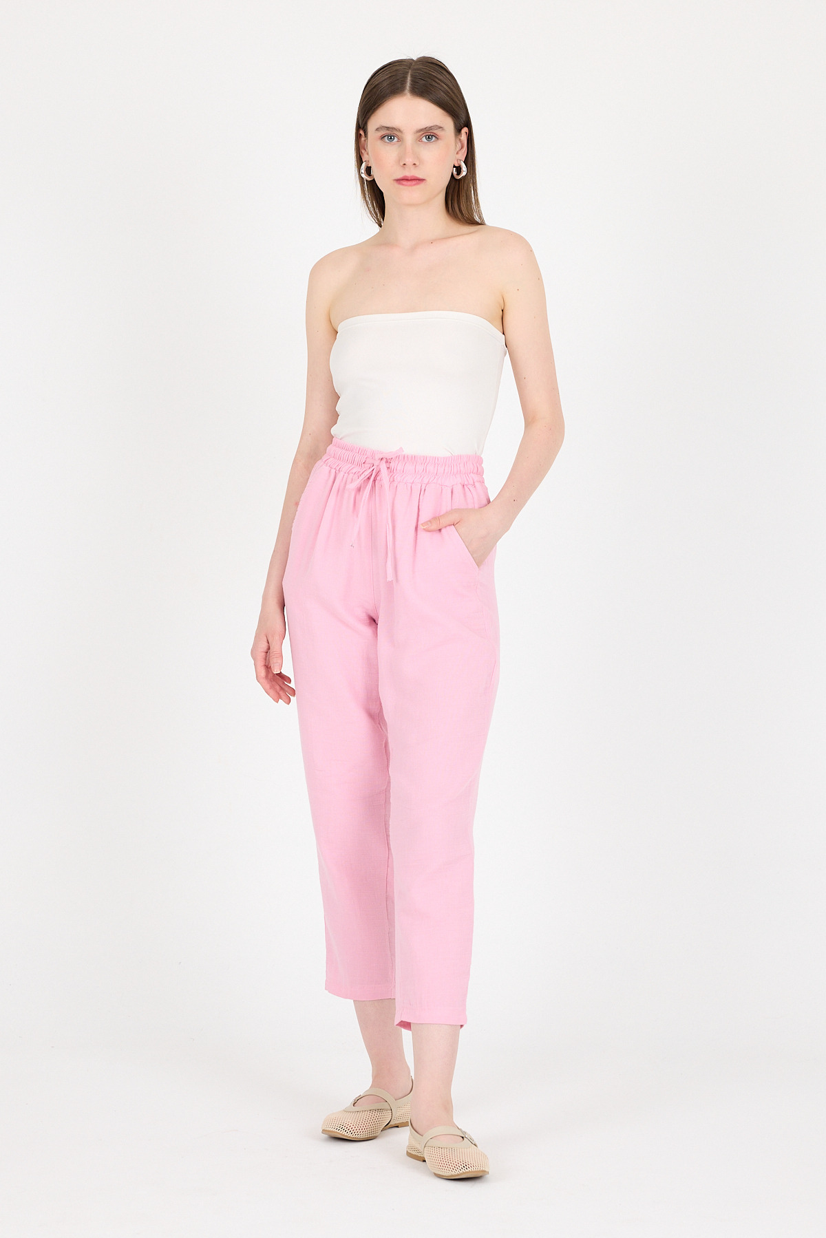 Pembe Müslin %100 Pamuk Beli Lastikli Pantolon 8055A - 1
