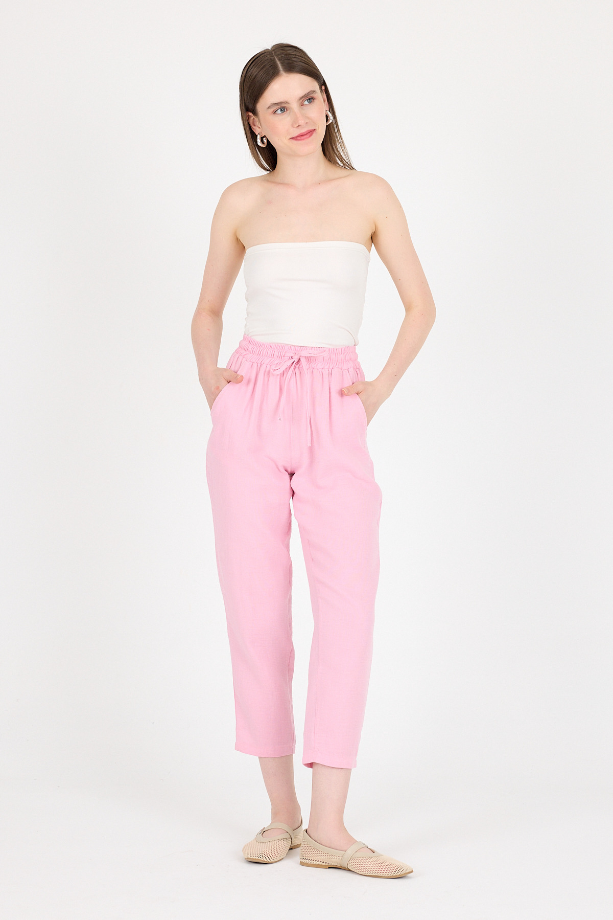 Pembe Müslin %100 Pamuk Beli Lastikli Pantolon 8055A - RAYS