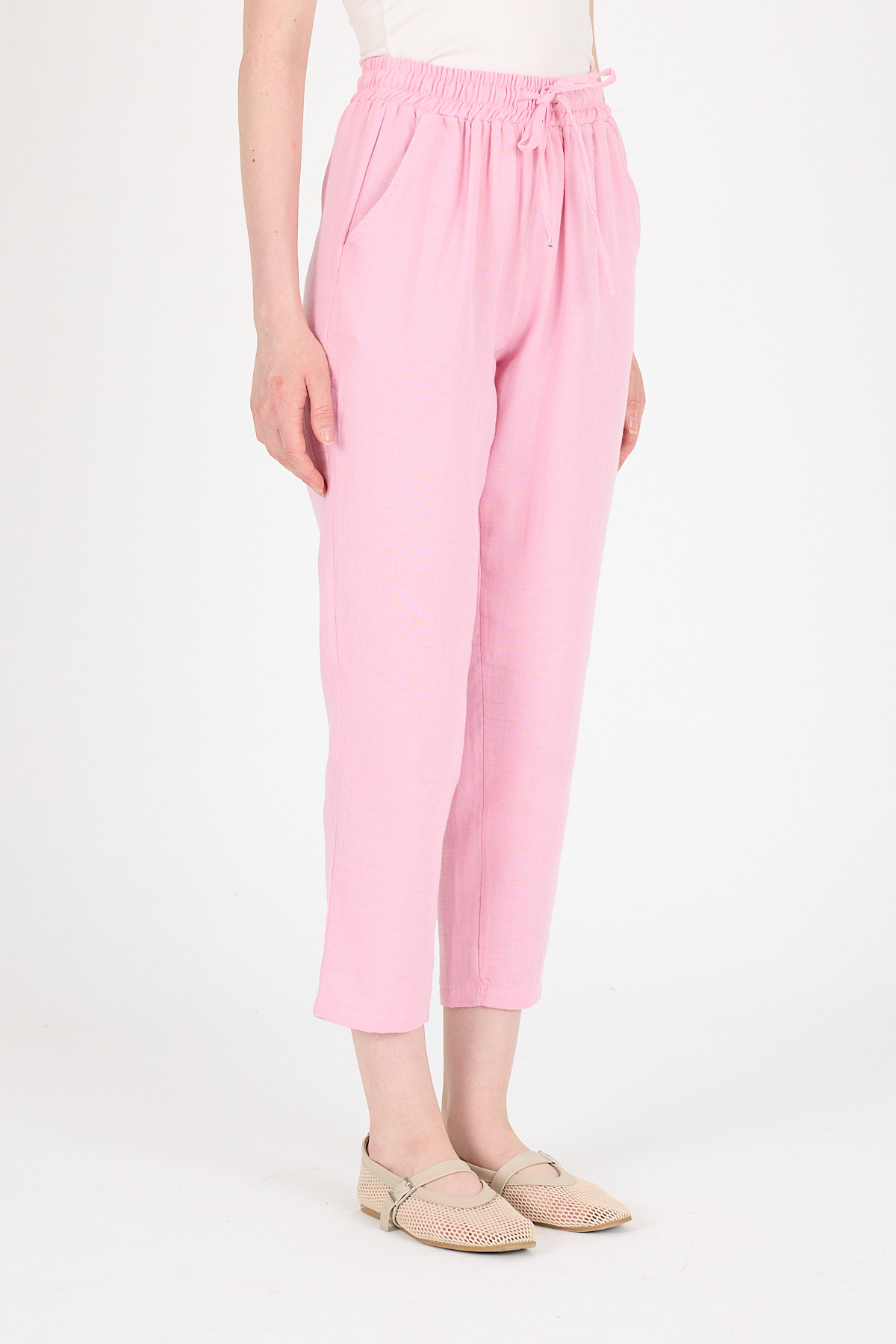Pembe Müslin %100 Pamuk Beli Lastikli Pantolon 8055A - 3