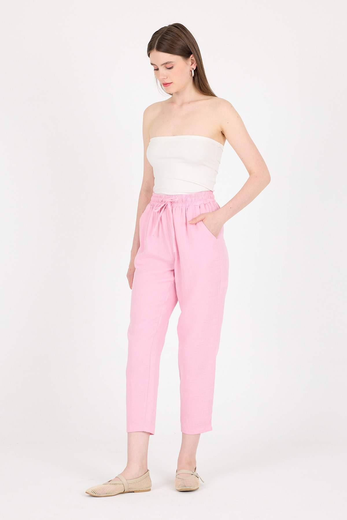 Pembe Müslin %100 Pamuk Beli Lastikli Pantolon 8055A - 6