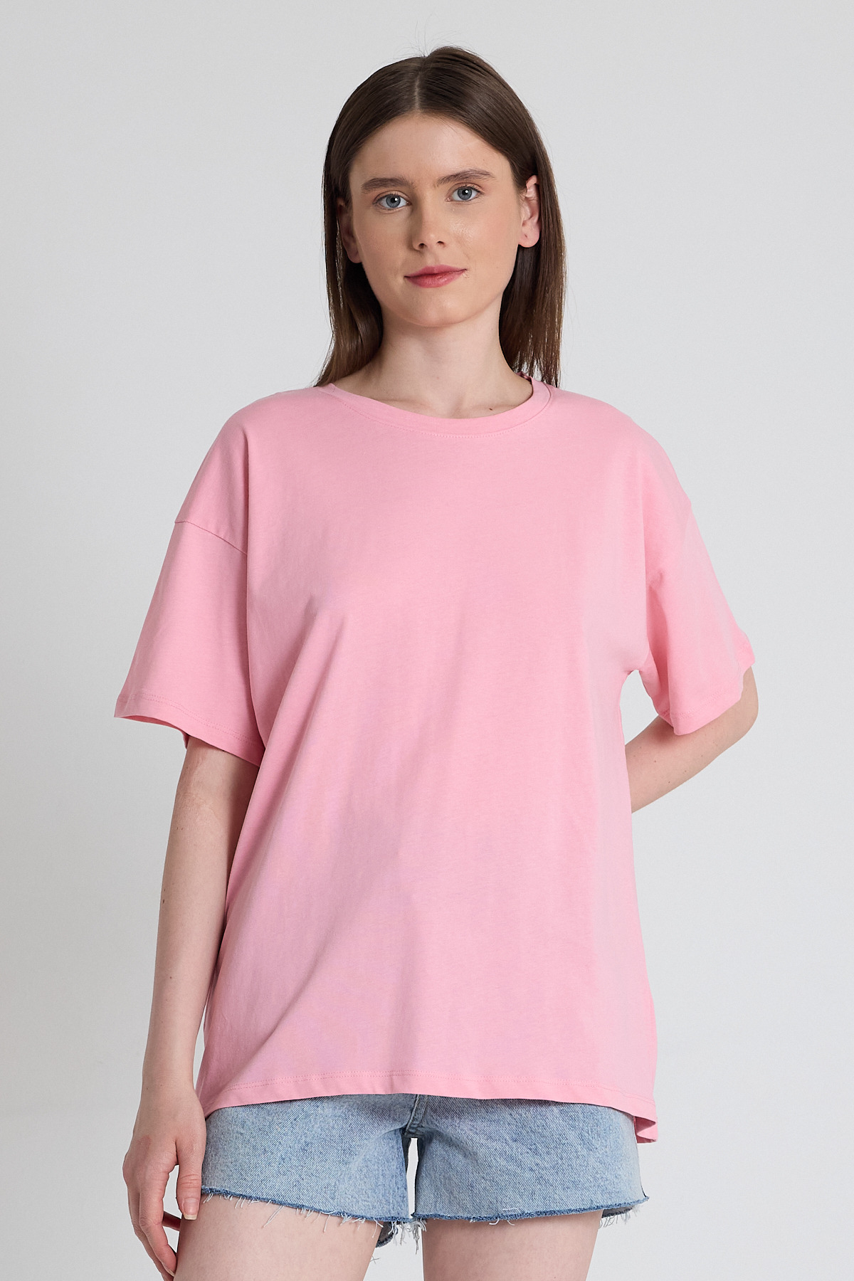 Pembe Omuz Yazı Baskılı %100 Pamuk Oversize Tişört 2150-30M - 1