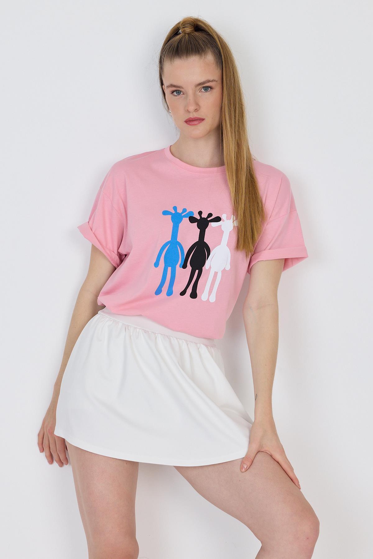 Pembe Oversize Zürafa Baskılı Tişört 2150-12M - RAYS