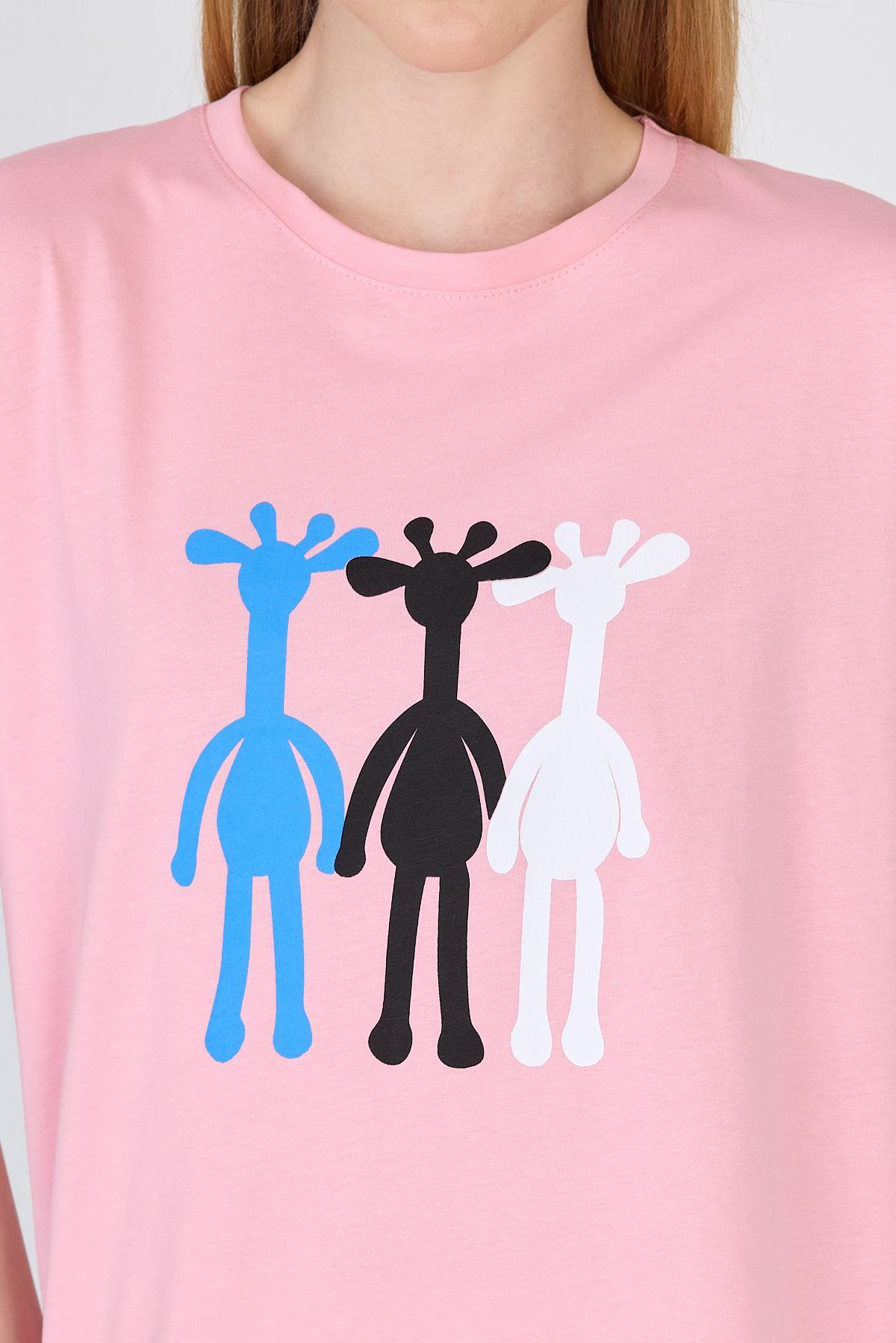 Pembe Oversize Zürafa Baskılı Tişört 2150-12M - 4