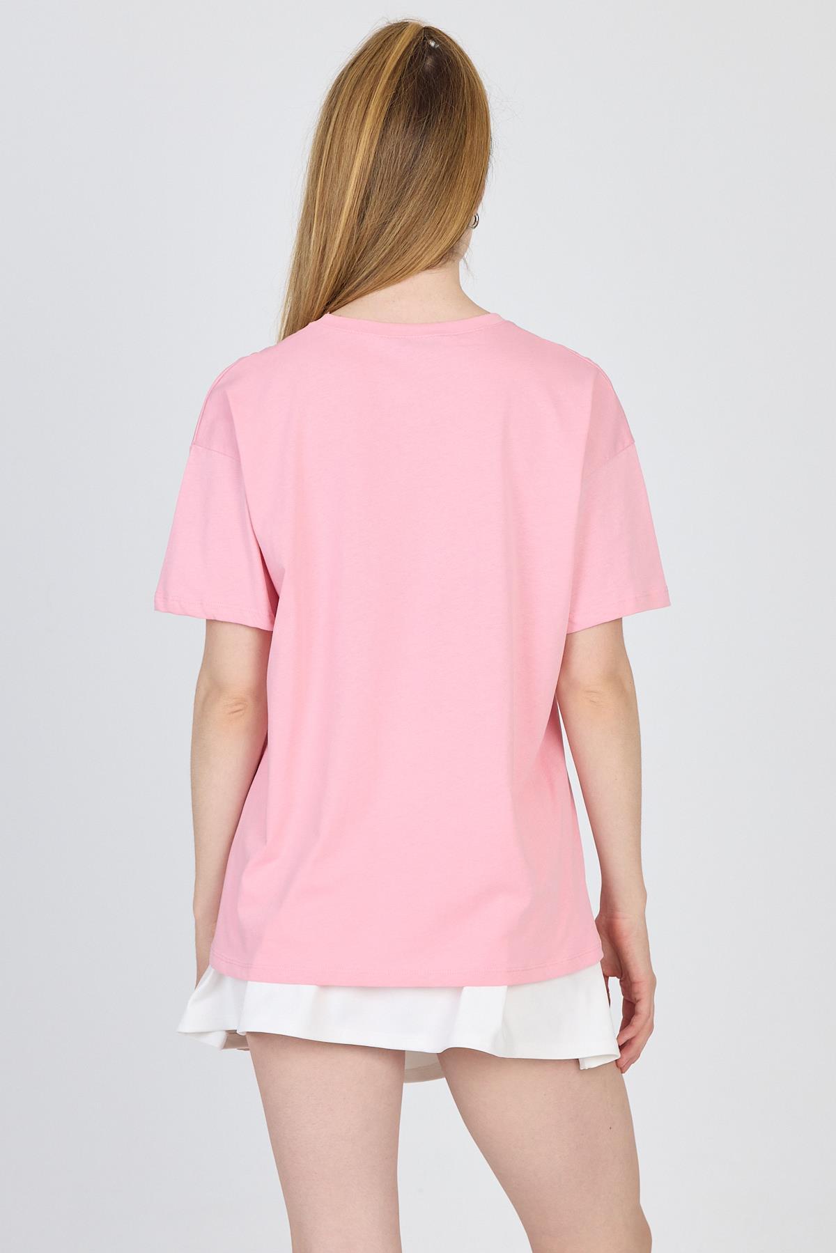 Pembe Oversize Zürafa Baskılı Tişört 2150-12M - 5