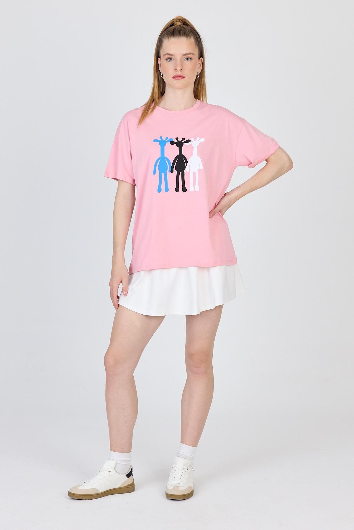 Pembe Oversize Zürafa Baskılı Tişört 2150-12M - 6