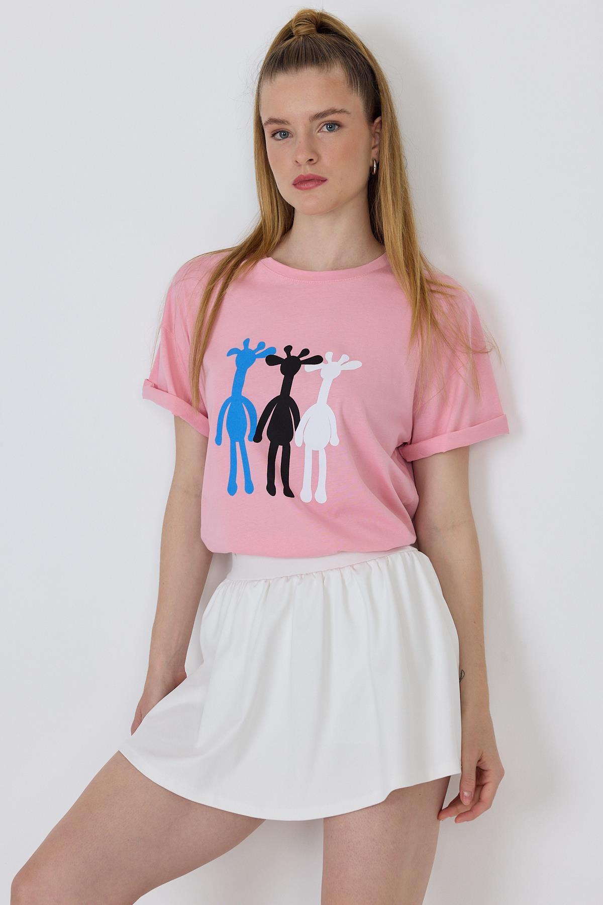 Pembe Oversize Zürafa Baskılı Tişört 2150-12M - 7
