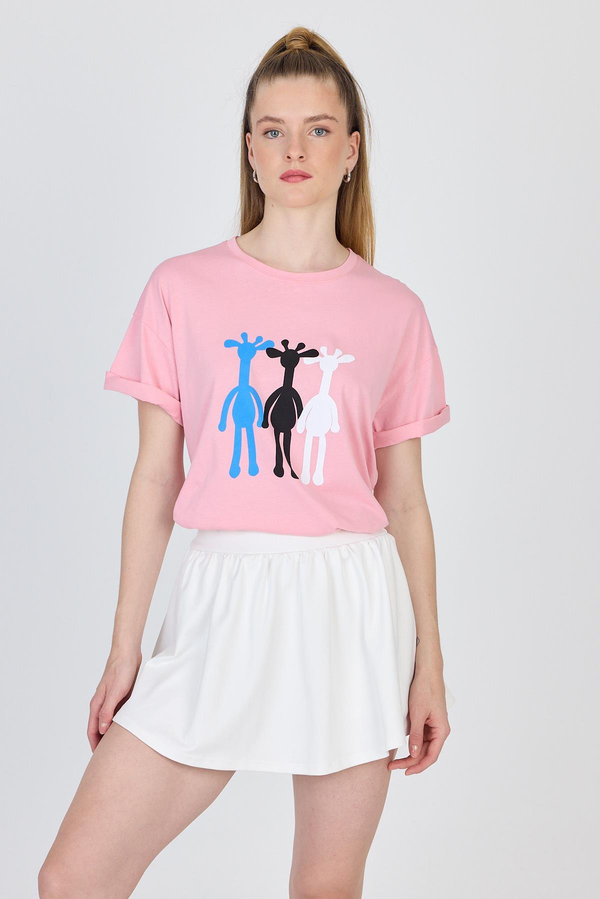 Pembe Oversize Zürafa Baskılı Tişört 2150-12M - 2